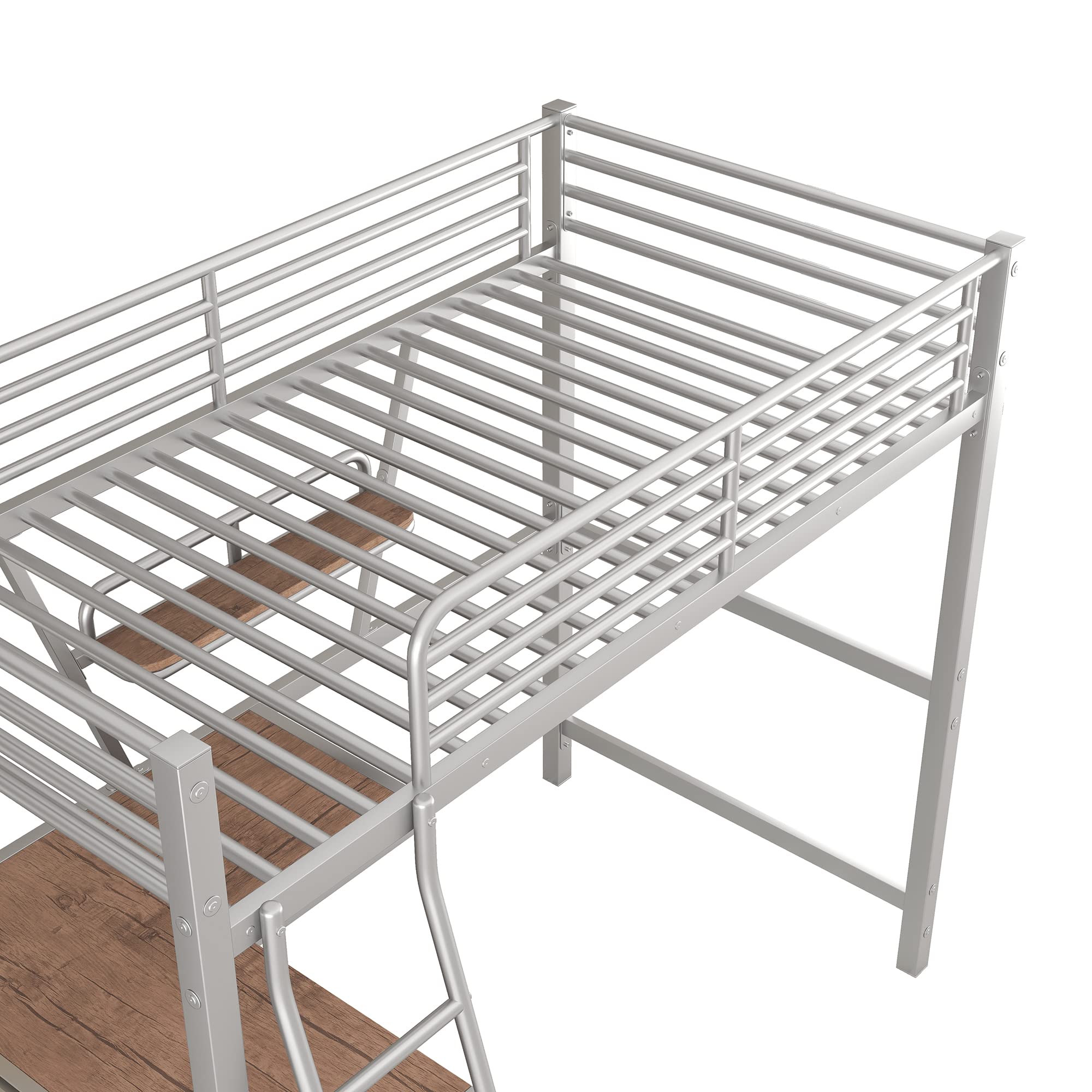 **Heavy Duty Twin Metal Loft Bed with Desk, Shelves & 2 Ladders – High Safety Guard Rails for Kids, Teens & Adults – Modern Silver Loft Bed for Small Spaces, Dorm Rooms & Apartments**
