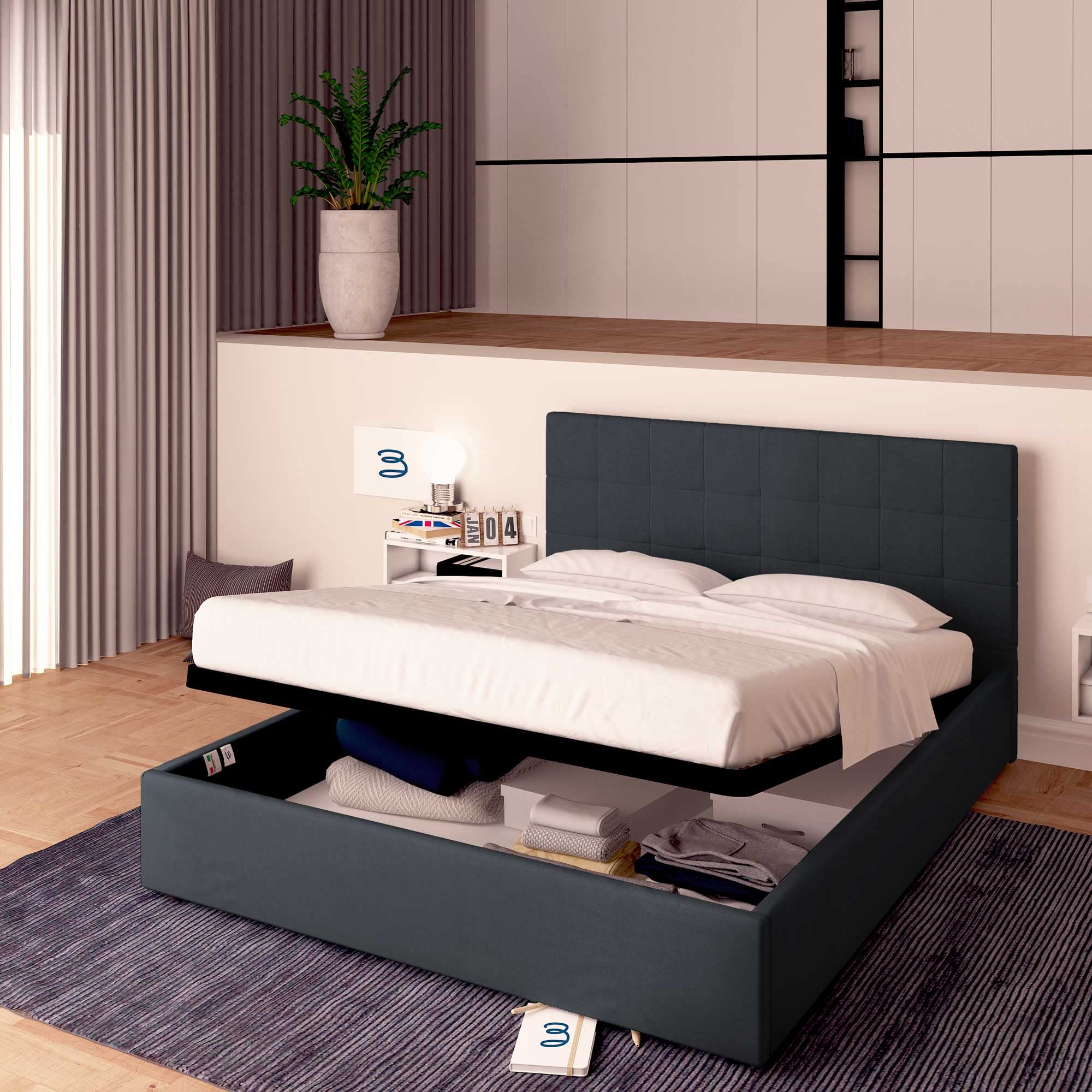 Baldiflex Dublin Fabric Double Bed Frame with Storage, Slatted Base for Single Mattresses, 140 x 200 cm, Elegant Headboard in Graphite Gray - Perfect for Small Bedrooms & Guest Rooms