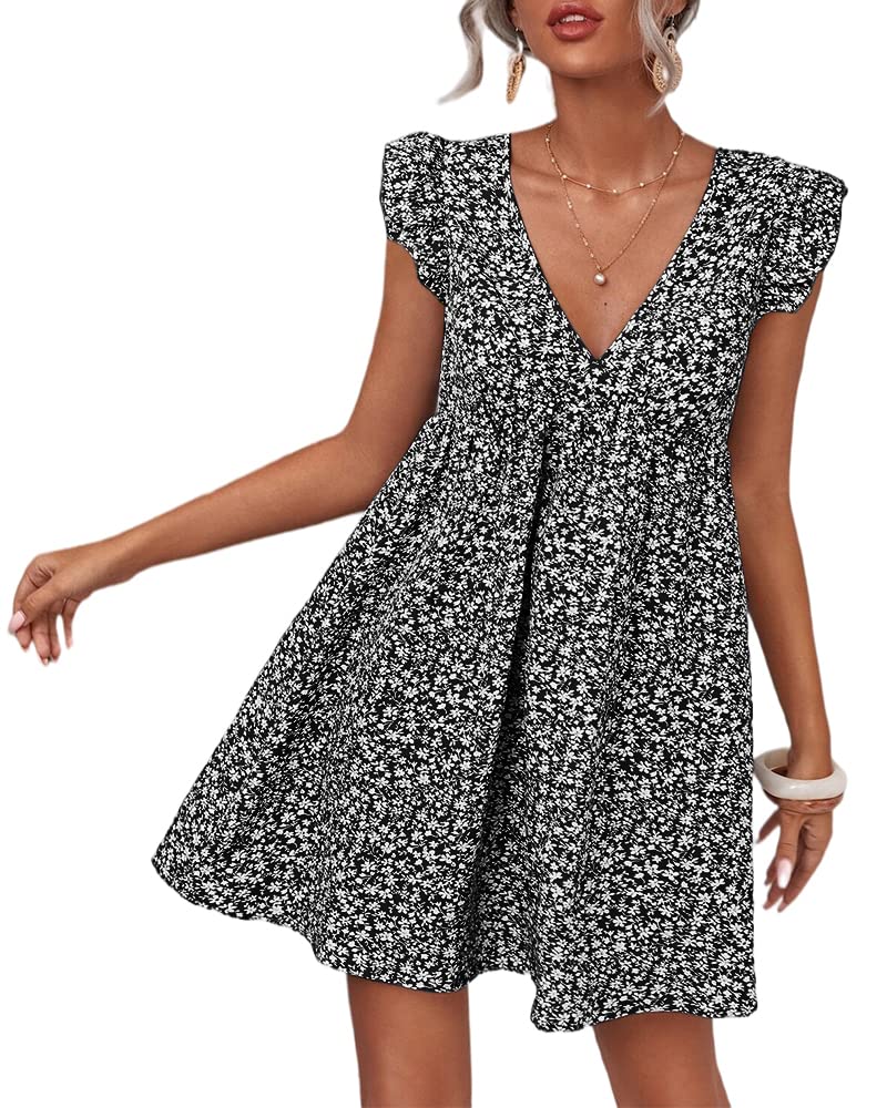 Boho Floral Summer Dress for Women - Casual Backless V-Neck Mini Sundress with Ruffles | Perfect for Beach Vacations, Pool Parties & Summer Outings