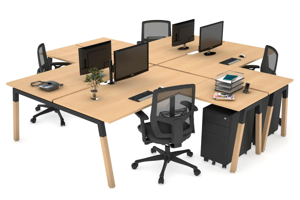 Quadro Wood A Legs Cross Beam 4-Person Corner Workstation Desk - 1600L x 1800W with Cable Management Scallop - Perfect for Office, Home Workspace & Collaborative Environments