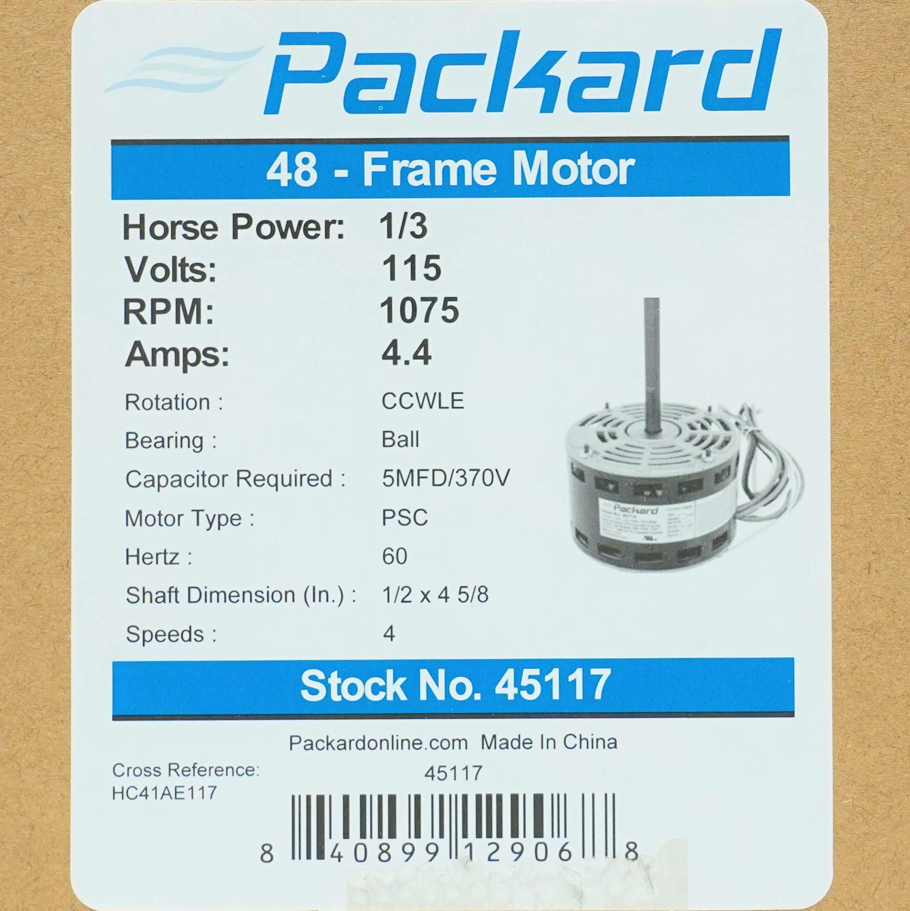 Packard 45117 Furnace Blower Fan Motor Replacement for Carrier HC41AE117A - 1/3 HP High Efficiency HVAC Motor for Home Heating & Cooling Systems - Perfect for Furnace Repair & Maintenance