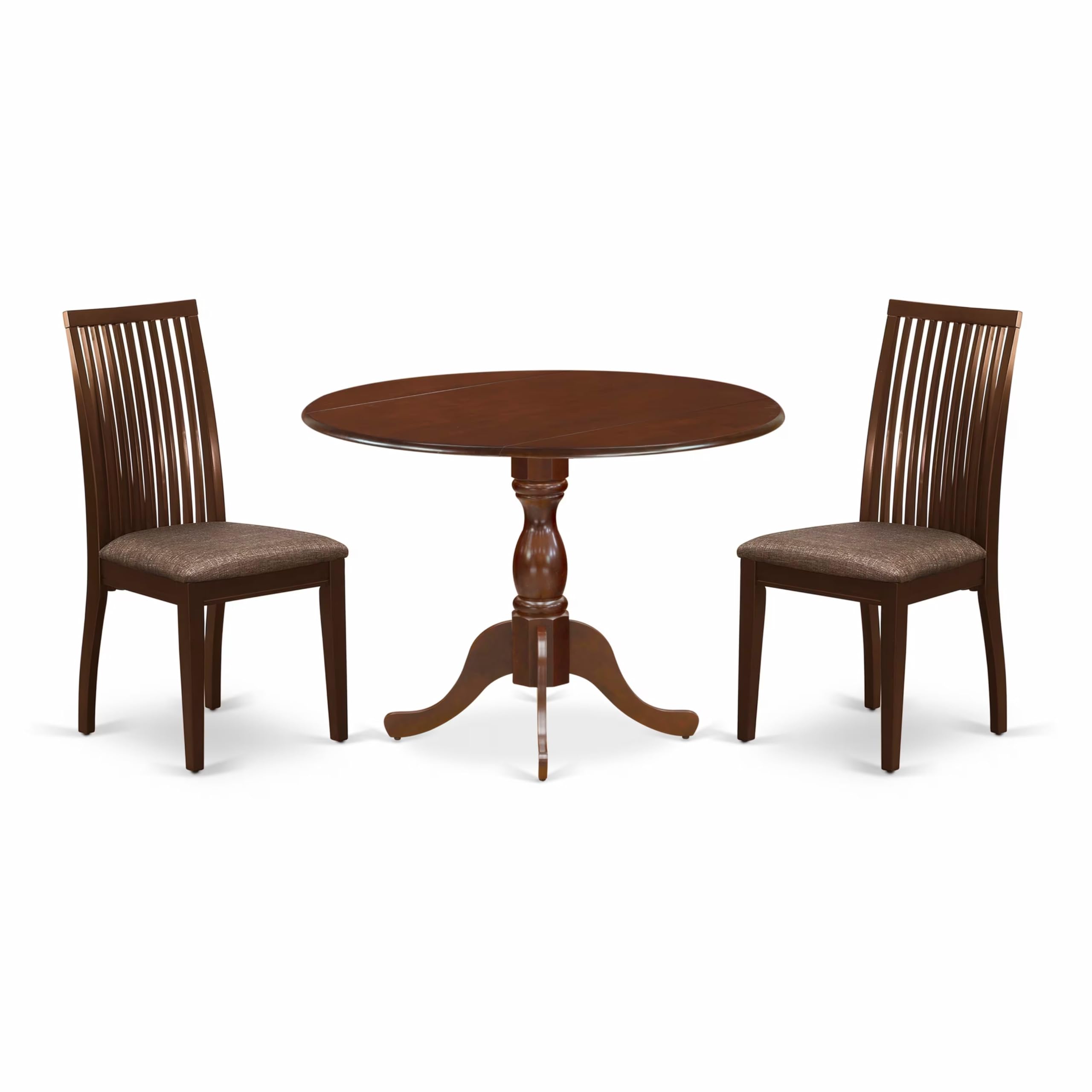 East West Furniture DMIP3-MAH-C 3-Piece Mahogany Dining Set with Round Drop-Leaf Table & 2 Linen Upholstered Chairs, 42x42 Inch - Perfect for Small Spaces, Breakfast Nooks & Cozy Apartments