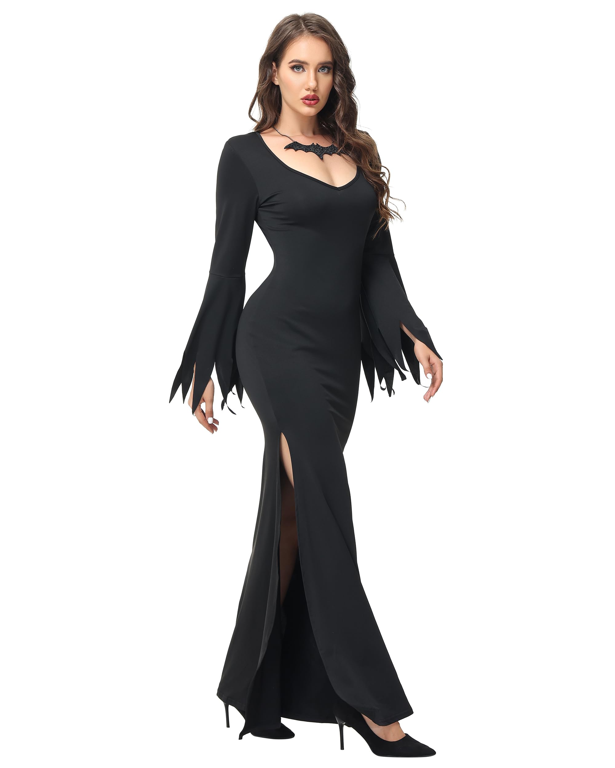LUYANA Gothic Witch Dress - Long Black Halloween Costume with Necklace | Perfect for Cosplay, Halloween Parties & Themed Events