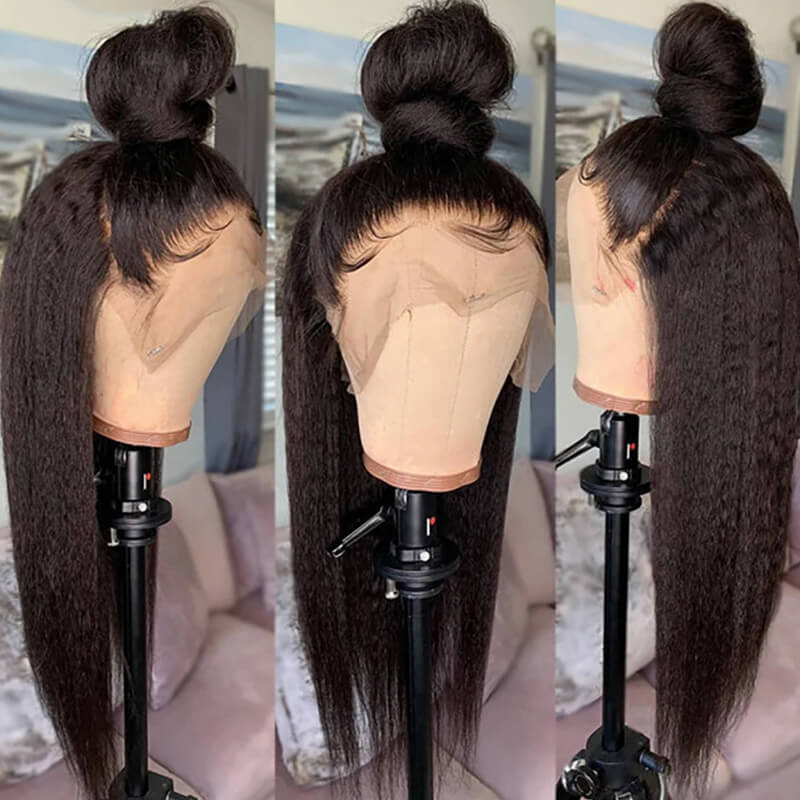 Kinky Straight Human Hair Wigs with Pre-Plucked Lace Frontal - Natural Looking & Breathable for Daily Wear, Parties & Cosplay