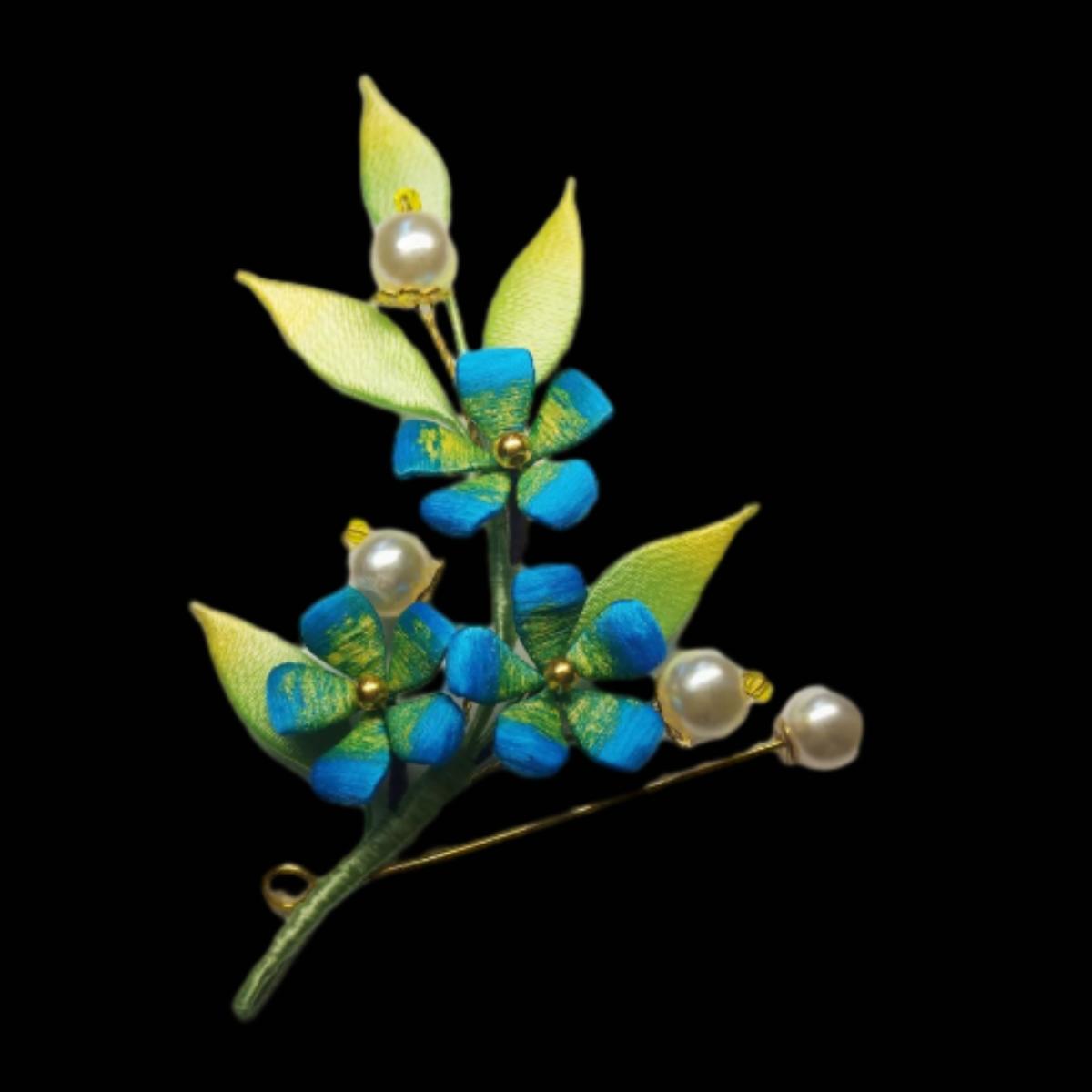 Handmade Silk Flower Brooch - Blue & Green Floral Pin for Women, Elegant Fashion Accessory for Dresses, Jackets, Hats & Scarves
