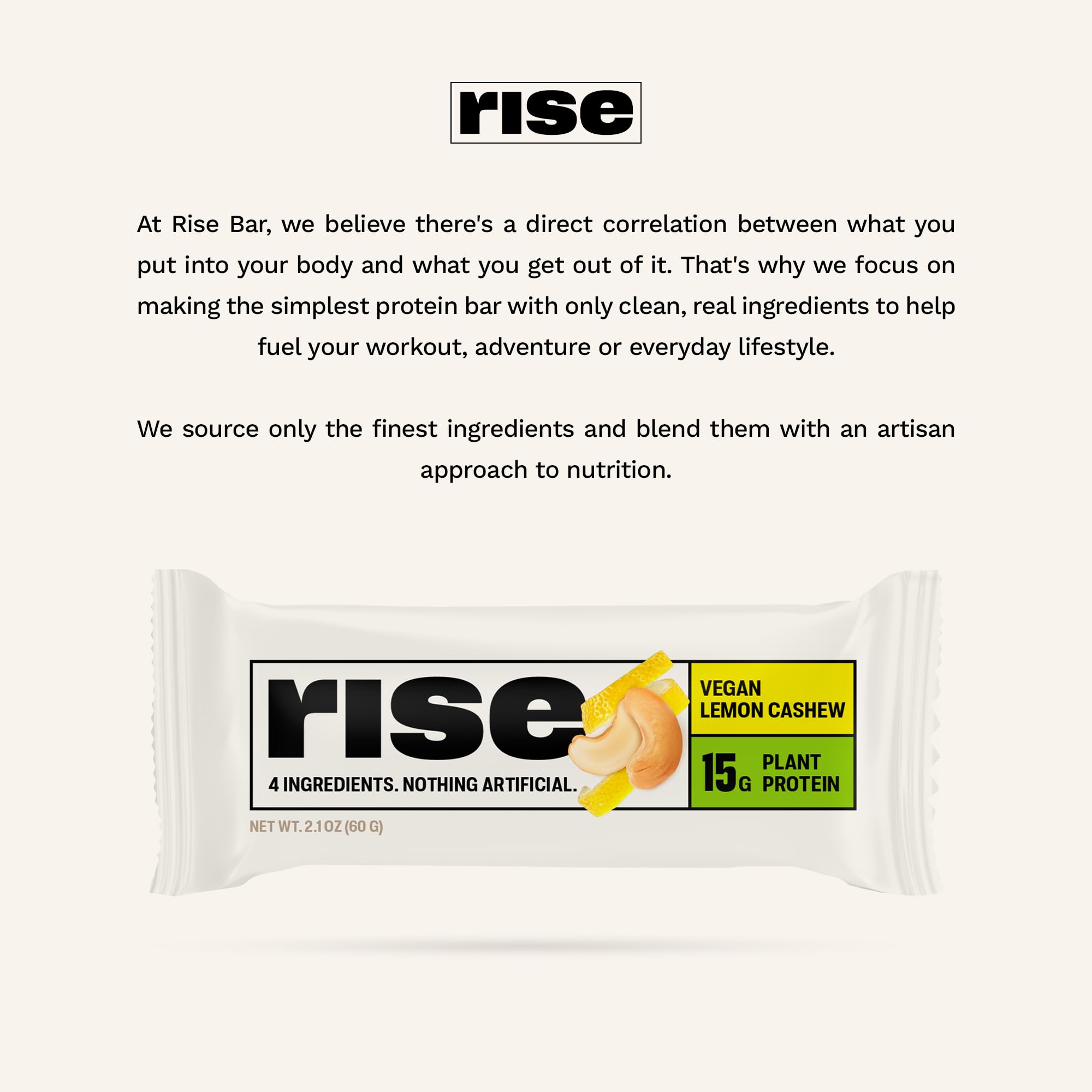 Rise Vegan Lemon Cashew Pea Protein Bar - 15g Plant-Based Protein, Non-GMO, Gluten & Soy Free, 3 Whole Food Ingredients | Healthy Breakfast Snack, Post-Workout Recovery, On-the-Go Nutrition