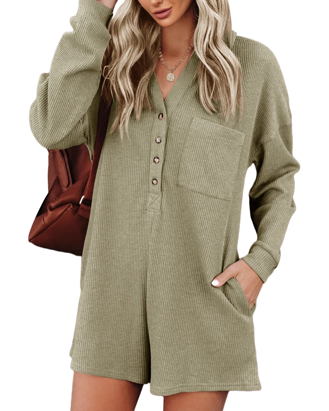 Saodimallsu Women's V-Neck Button Romper - Casual Waffle Knit Short Sleeve Playsuit with Pocket | Summer Outfit for Beach, Travel & Everyday Wear