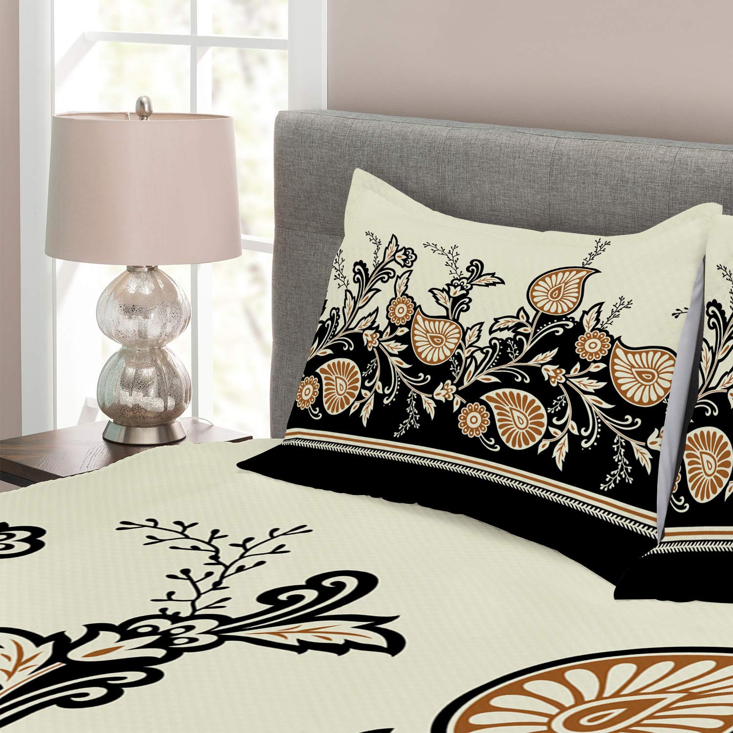 Ambesonne Brown Paisley Bedspread Set - King Size 3-Piece Quilted Coverlet with 2 Pillow Shams | Traditional Floral & Folkloric Print in Eggshell Charcoal Grey | Perfect for Master Bedroom, Guest Room & Bohemian Home Decor