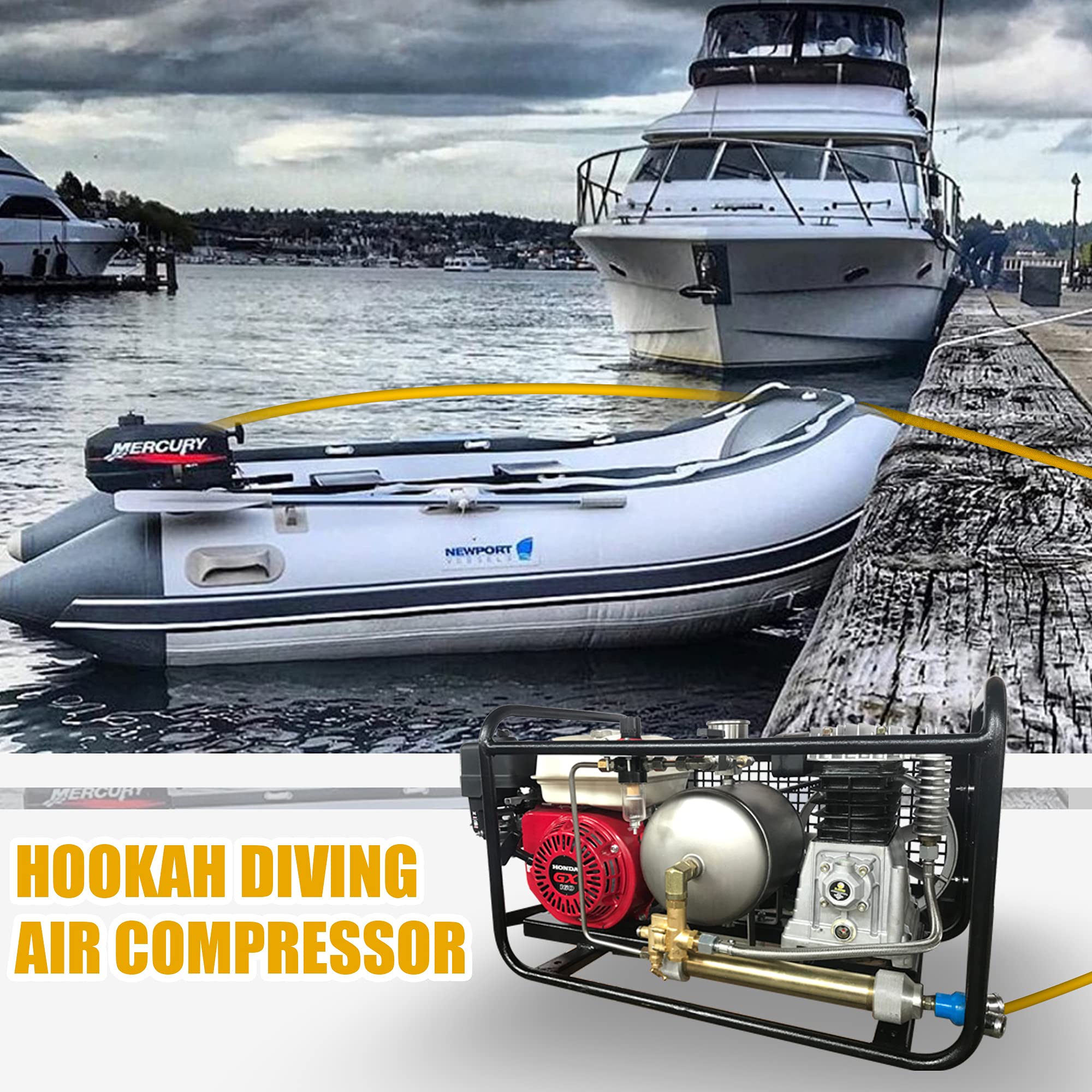 Gasoline-Powered 5HP Air Compressor 250L/Min 3.5Kw 115psi with 50ft Hose & Dual Regulators - Ideal for Hookah Diving, Industrial Use, and Surface Air Supply Operations