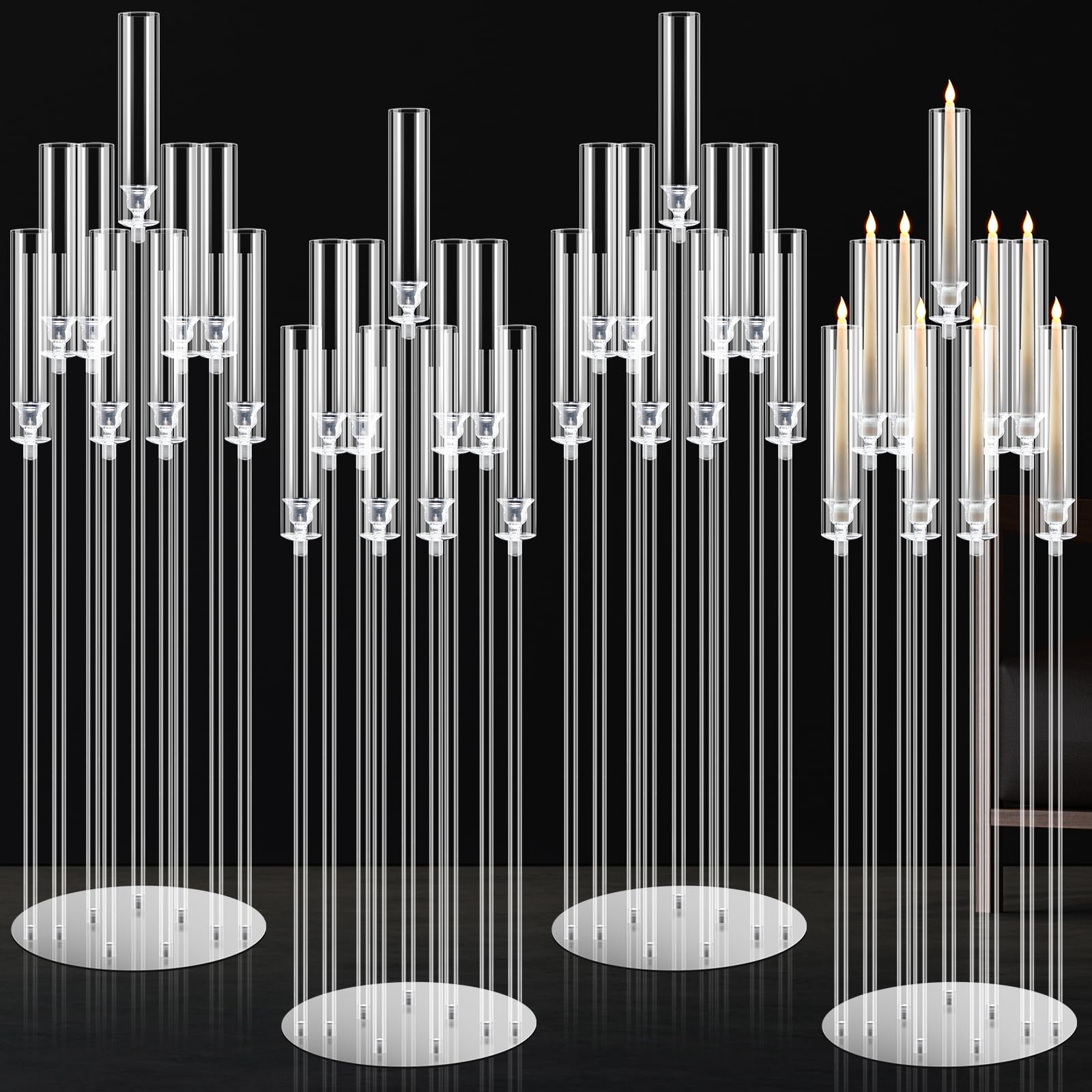 Tessco 4-Piece 9-Arm 42.5-Inch Clear Acrylic Candelabra Set - Elegant Table & Floor Centerpiece with Removable Lampshade - Perfect for Weddings, Parties & Home Decor - Fits 0.8 LED Candles