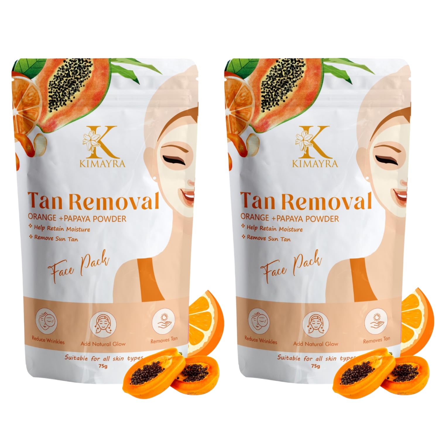 Organic Orange & Papaya Face Pack Powder for Tan Removal - Moisturizing Anti-Wrinkle Treatment for All Skin Types | Natural Brightening Facial Mask for Women & Men | Perfect for Daily Skincare & Sun Damage Repair - 75g (Pack of 2)