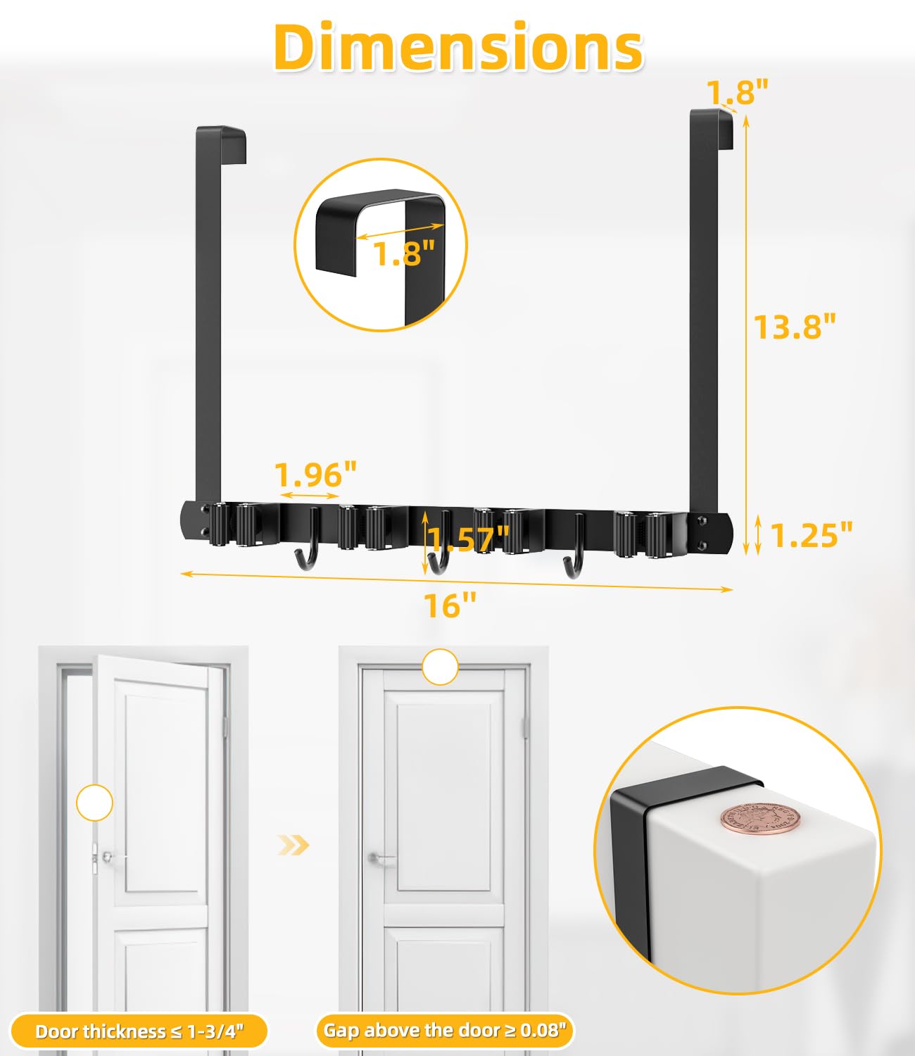 Stainless Steel Broom Holder - Over The Door or Wall Mounted Mop & Broom Hanger with Hooks - Heavy Duty 304 Steel Broom Storage Organizer for Garage, Closet, Laundry Room - Perfect for Cleaning Tools Organization