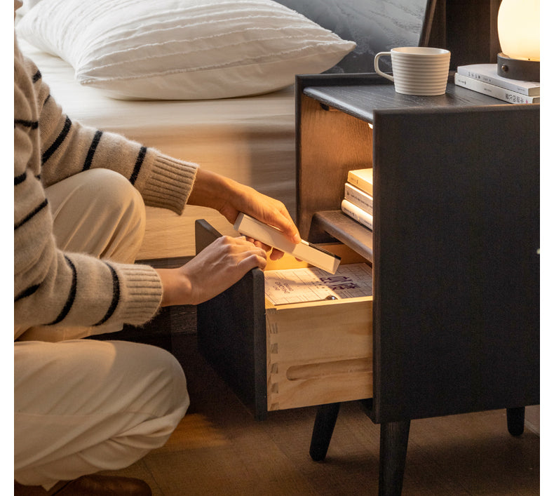 Solid Oak Wood Ultra Narrow Nightstand with Soft Light Sensor - Perfect for Small Bedrooms, Apartments, and Cozy Spaces