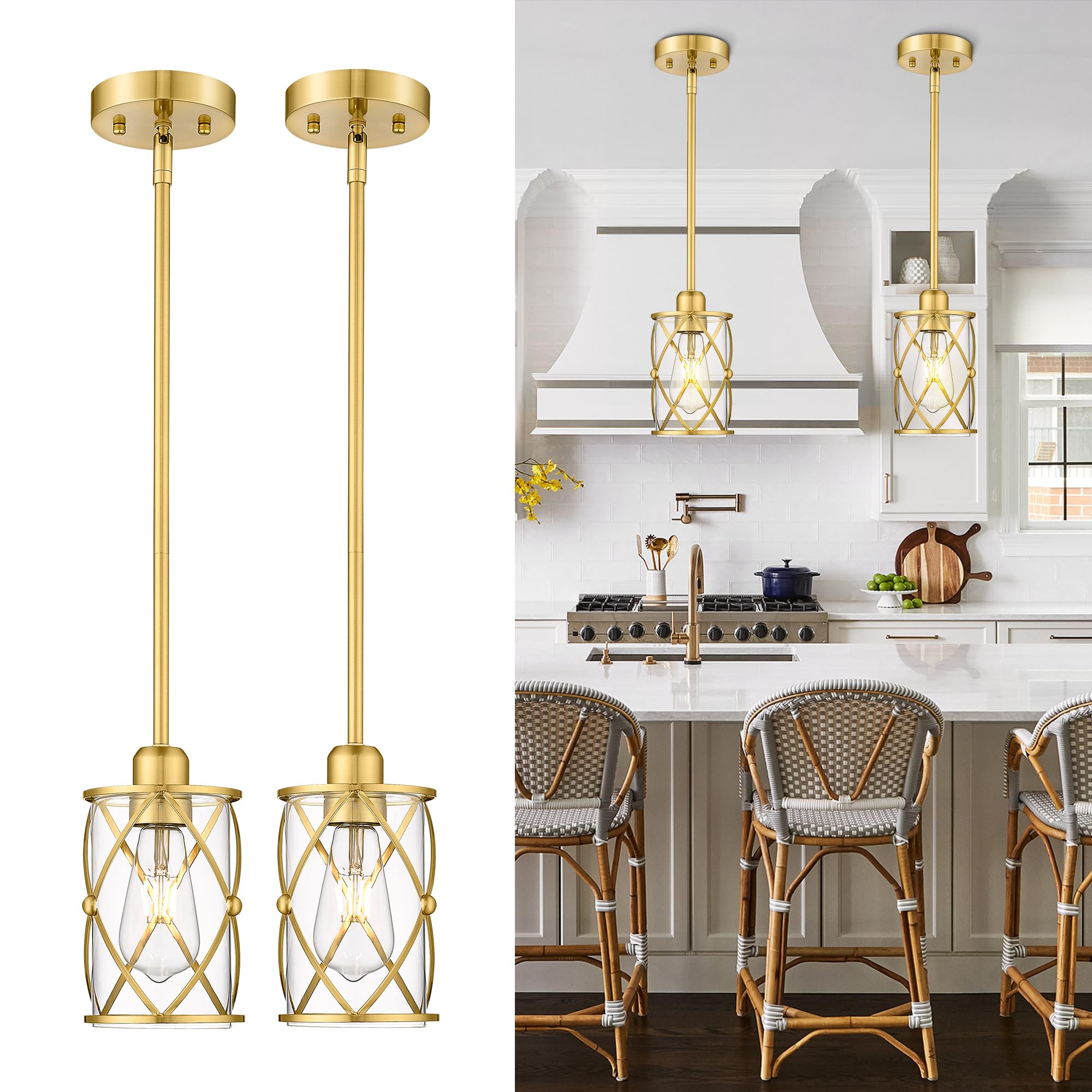 Brushed Gold Pendant Lights for Kitchen Island - 2 Pack Farmhouse Brass Glass Cage Hanging Light Fixture with Rod - Perfect for Kitchen, Dining Room, Bathroom, and Sink Areas - CH9176BG-2PKG