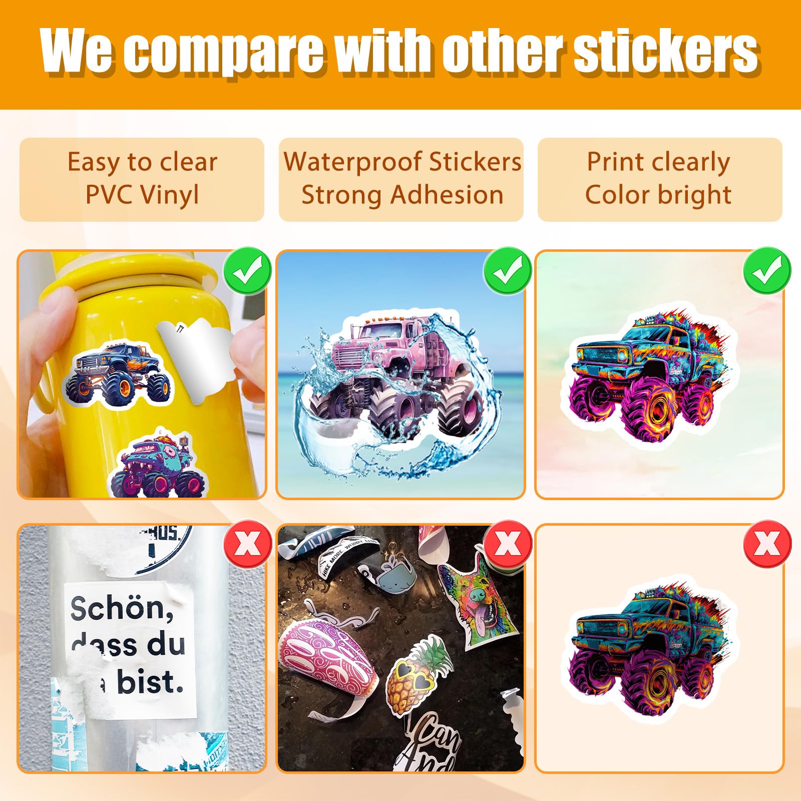 50 PCS Cool Monster Truck Vinyl Stickers - Waterproof Decals for Kids Teens Adults - Car, Laptop, Water Bottle, Luggage & Guitar Decor - Perfect for Birthday Parties, School Supplies & DIY Crafts