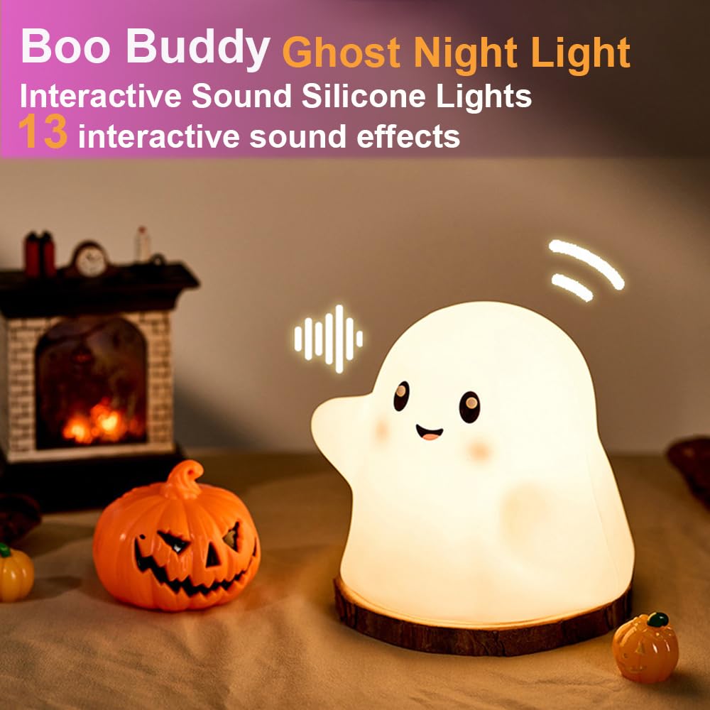 Kids Ghost Night Light - Adjustable Dimmable Silicone Nursery Lamp with 13 Interactive Sound Effects & Touch Sensor | Halloween Decor, Christmas Gift for Children (White Ghost) - Perfect for Bedrooms, Nurseries, and Holiday Decorations