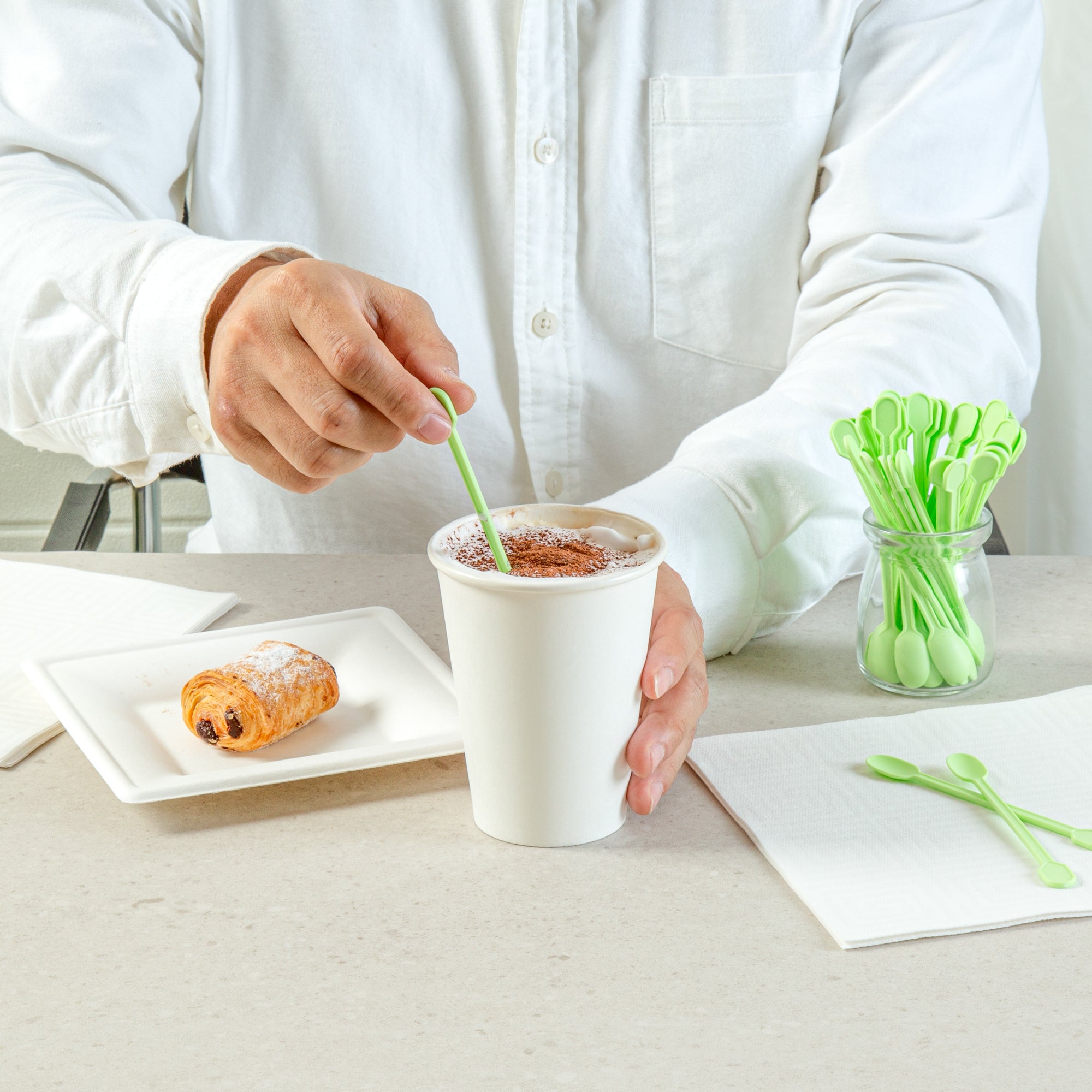 Eco-Friendly Compostable CPLA Plastic Coffee Stirrers & Spoons - 100 Count Box | Biodegradable Stir Sticks for Hot/Cold Beverages, Perfect for Coffee Shops, Offices, and Home Use