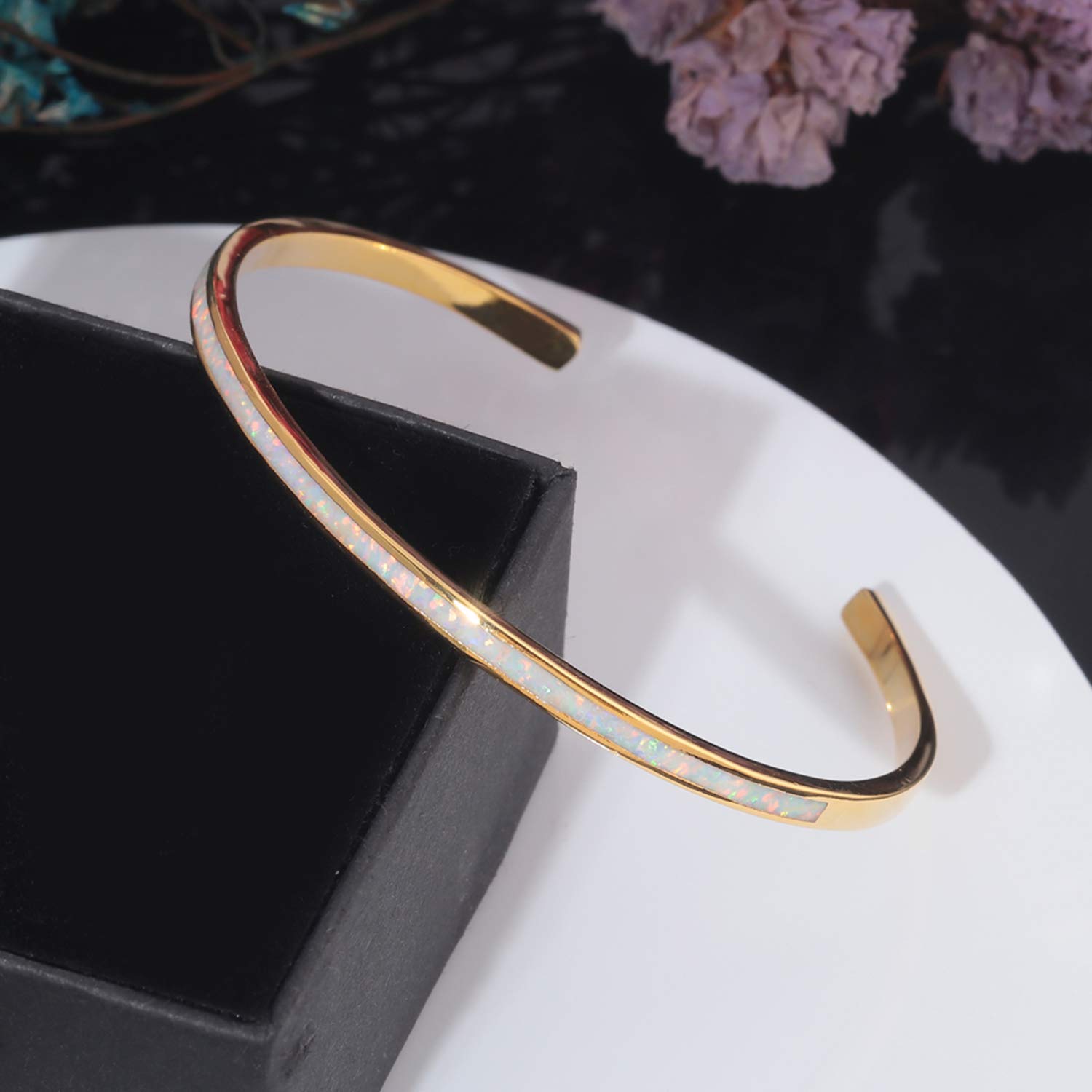 CiNily Women's Gold Plated Opal Cuff Bracelet - Hypoallergenic Gemstone Open Bangle for Ladies | Perfect for Weddings, Parties & Everyday Elegance