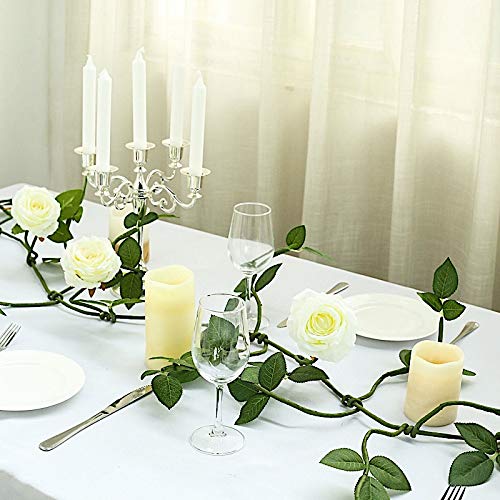 6 Feet Green Garland with 5 Ivory Silk Rose Flowers and Leaves - Wholesale Wedding Centerpieces, Bridal Shower Decor, Table Runner, Arch Backdrop, Aisle Decoration Supplies
