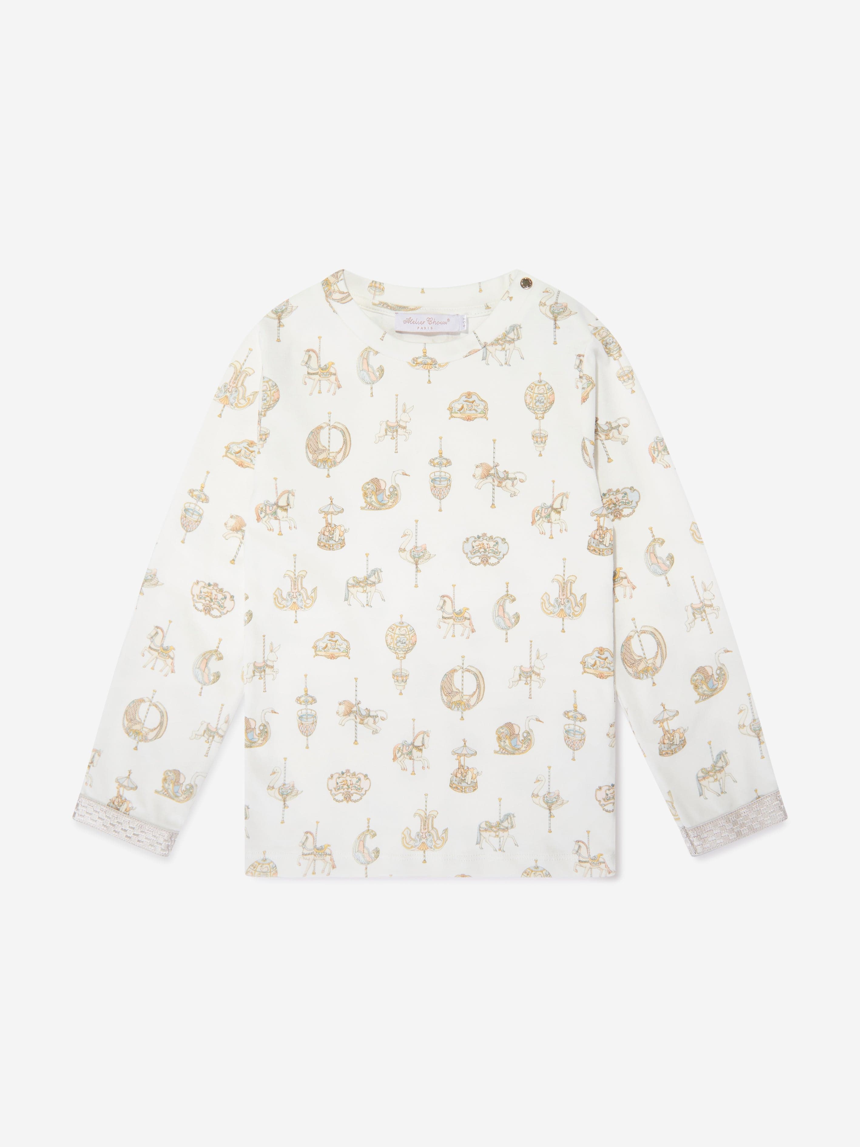Atelier Choux Premium Kids Carousel Loungewear Set - Soft Cotton White Pajamas for Boys & Girls | Perfect for Sleepovers, Nursery & Cozy Bedtime