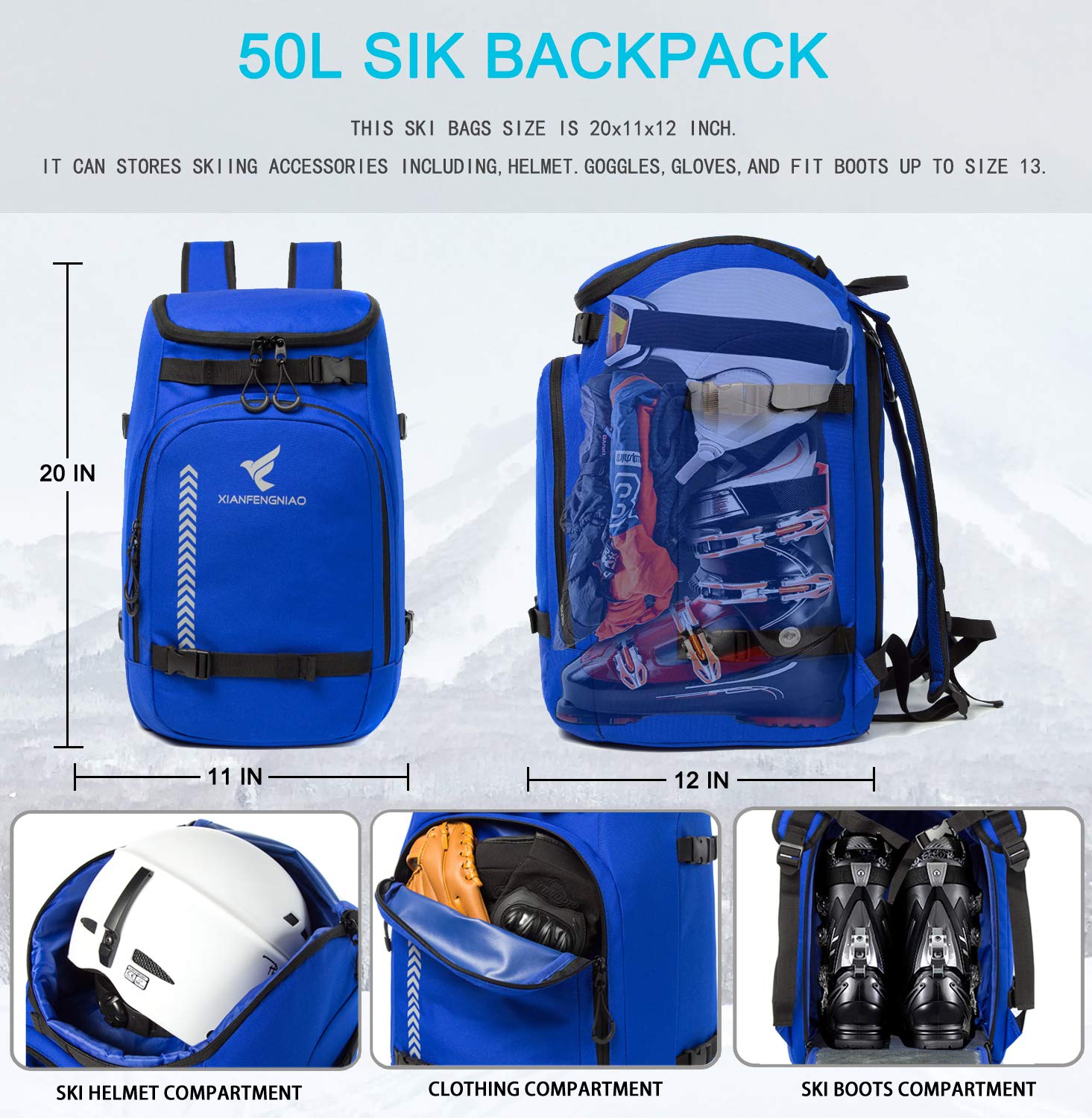 **50L Waterproof Ski Boot Travel Backpack – Carry Ski & Snowboard Boots, Helmet, Goggles, Gloves & Accessories for Men, Women & Youth – Perfect for Ski Trips & Winter Sports**
