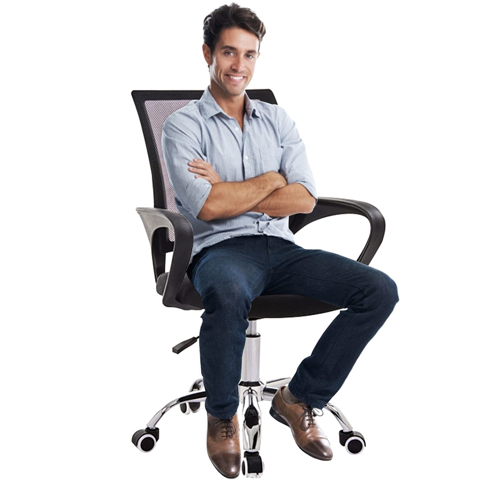 Baugger Ergonomic Mesh Office Chair with 360° Swivel Wheels, Adjustable Height & Lumbar Support - Executive Desk Chair with Thickened Sponge Seat & Armrests for Home Office, Black | Perfect for Long Work Hours & Video Conferencing