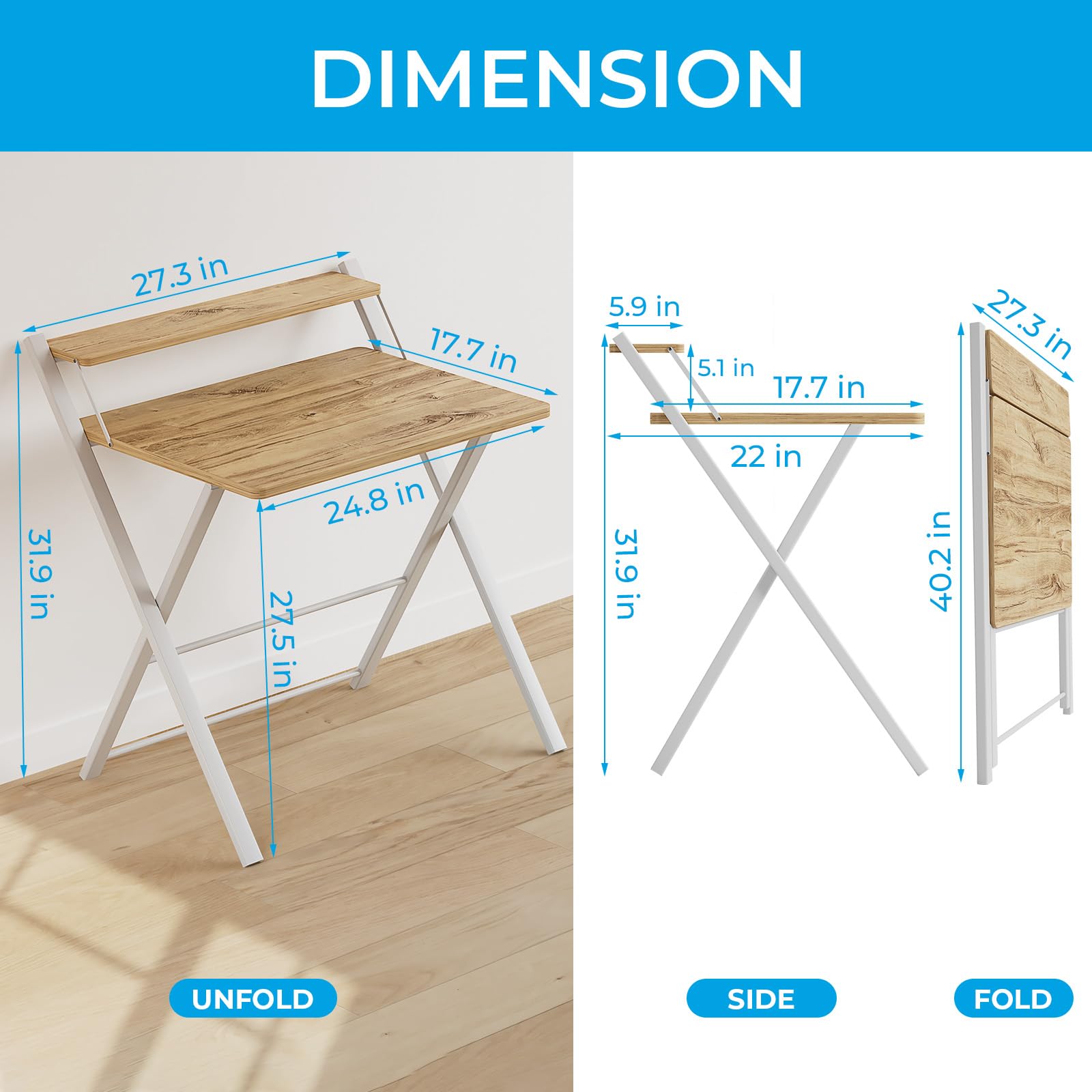 GreenForest Folding Desk - No Assembly Required Small Computer Desk with 2-Tier Shelf | Space Saving Portable Laptop Table for Home Office, Study & Small Spaces | Oak Finish | Perfect for Dorm Rooms, Apartments & Workspaces