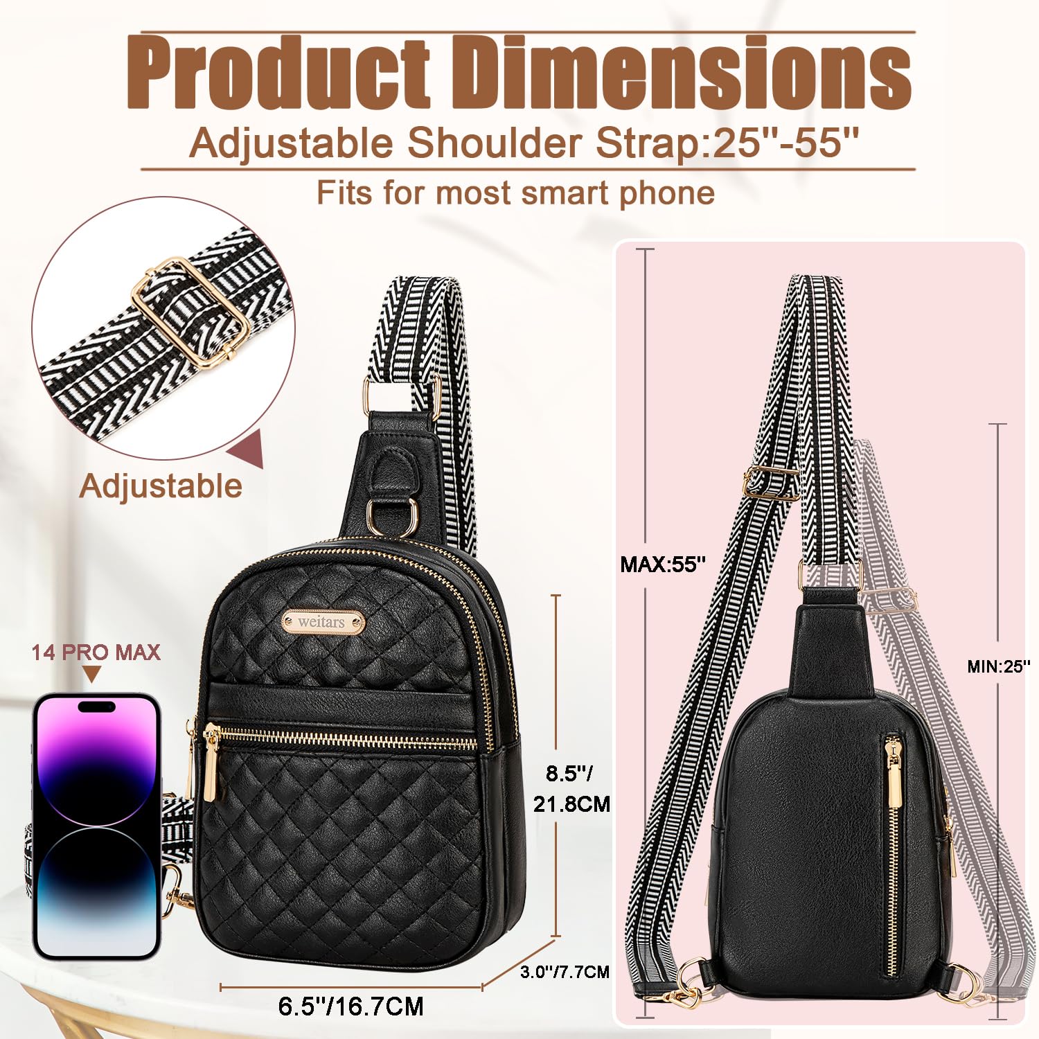 Stylish Weitars Leather Crossbody Sling Bag for Women - Fashionable Fanny Pack Waist Bag with Adjustable Strap for Travel, Sports & Daily Use (Black) - Perfect for Gym, Running, Shopping & Outdoor Activities