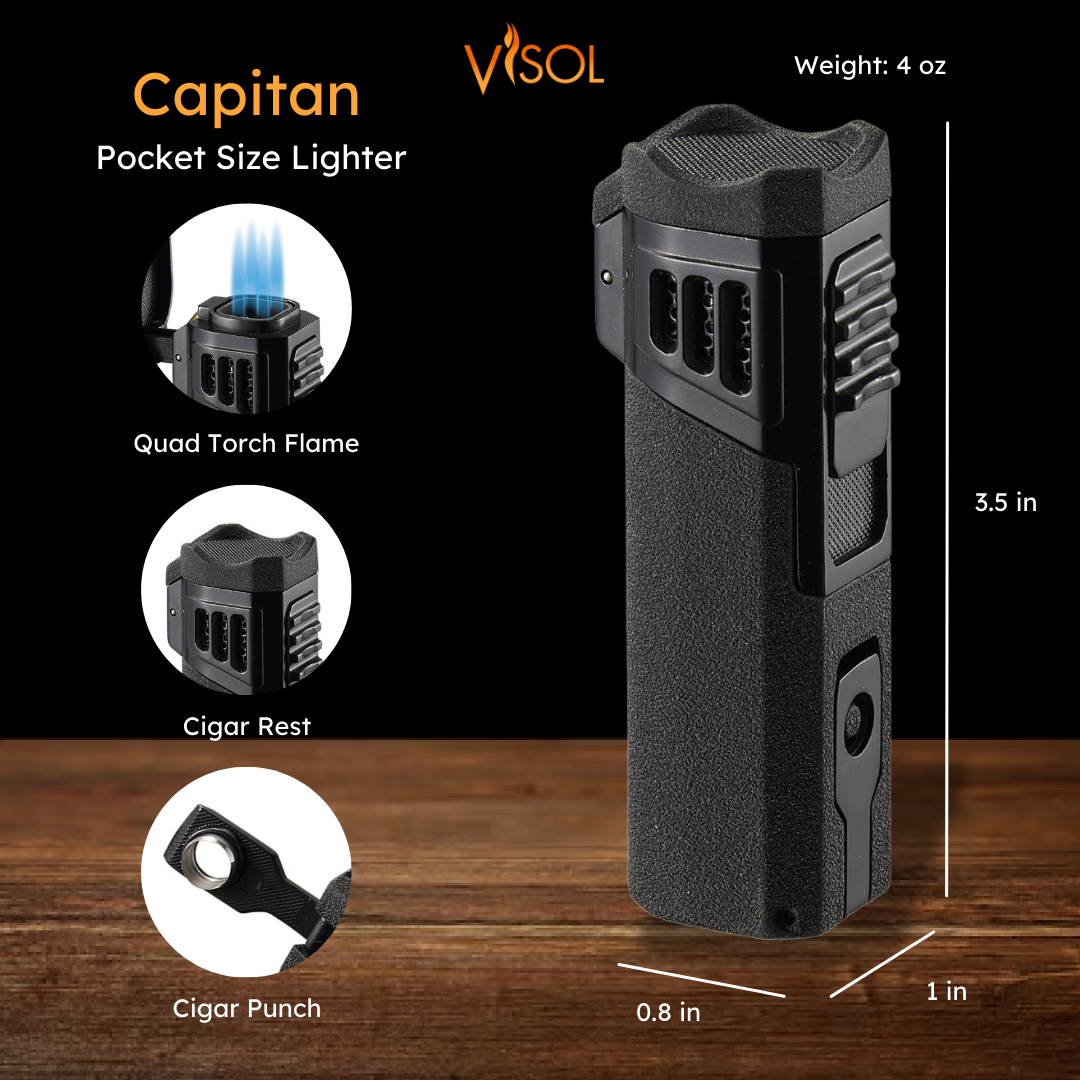 Visol Capitan Quad Flame Torch Lighter - Black Crackle Finish | Windproof Refillable Butane Lighter for Cigars, Camping & Outdoor Use