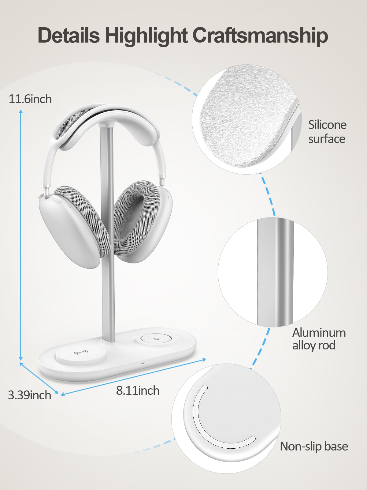 Premium 4-in-1 Wireless Charging Headphone Stand for Desk - Fast Qi Charger for iPhone 14/13/12, AirPods, Apple Watch, Samsung Galaxy - Universal Holder for AirPods Max, Bose, Beats, Sony Headphones - Perfect for Home Office, Gaming Setup & Workspace Organization (Powder White)