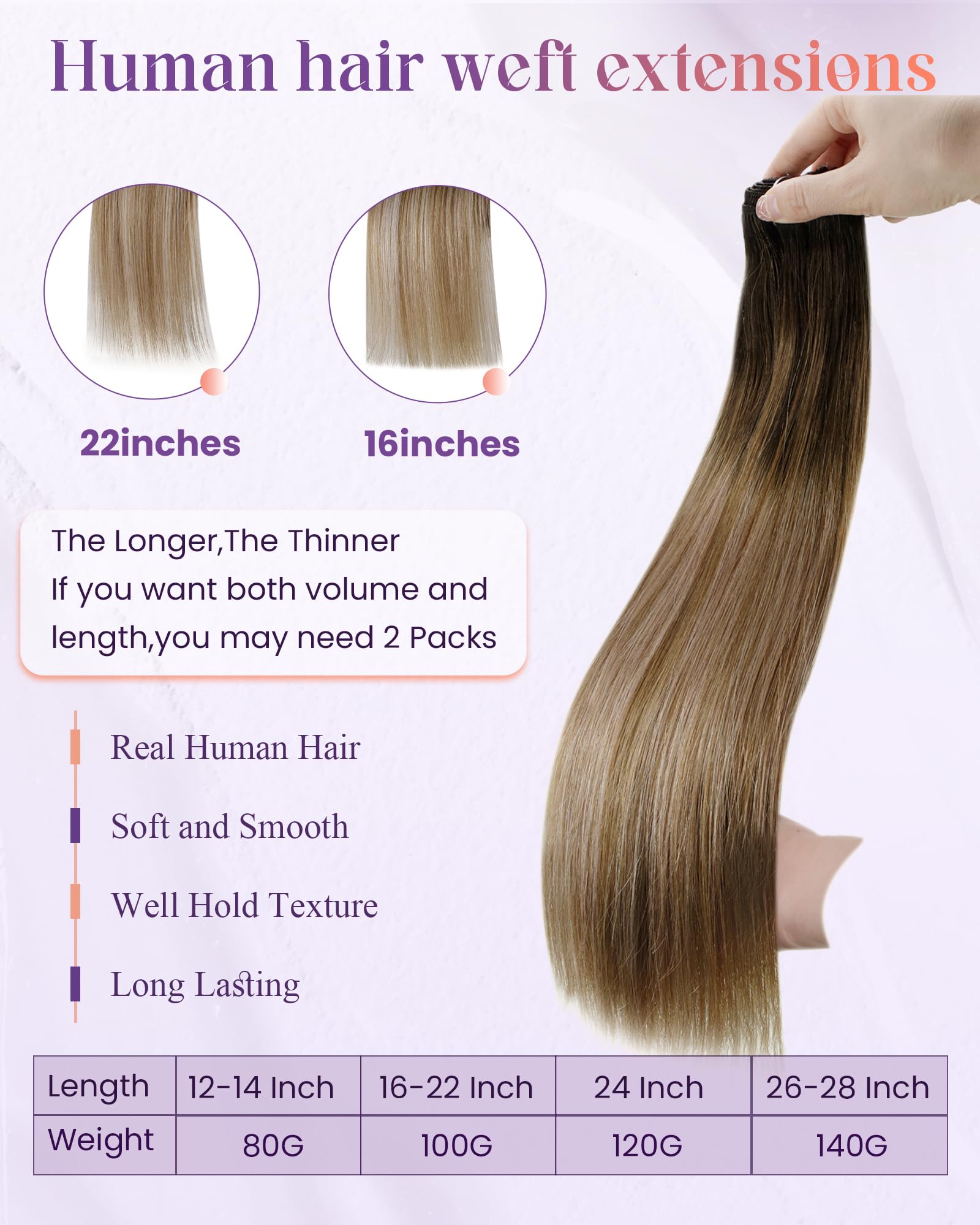 LaaVoo 100% Real Human Hair Weft Extensions - 20 Inch Long, Brown to Ash Blonde Balayage Ombre - 100g Sew-In Hair Extensions for Volume & Length | Perfect for Weddings, Parties & Daily Styling