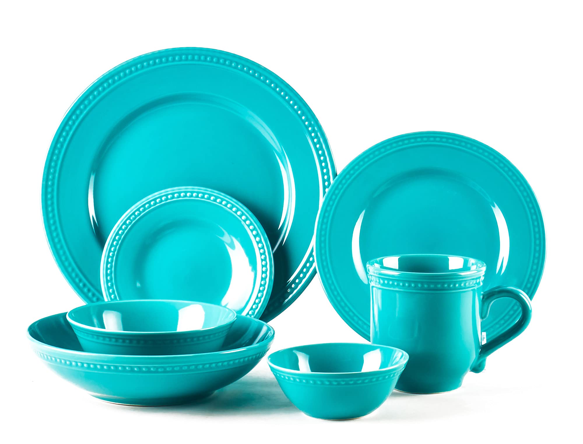 Premium Pearl Dots Stoneware Dinnerware Set - 42 Piece Turquoise Dinner Plates, Bowls & Mugs - Elegant & Durable Ceramic Tableware for Everyday Dining, Entertaining & Restaurant Use
