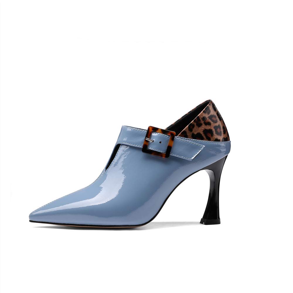 TinaCus Women's Elegant Patent Leather Pointed Toe Mid Heel Pumps - Handmade Leopard Print Buckle Dress Shoes for Office, Party & Special Occasions