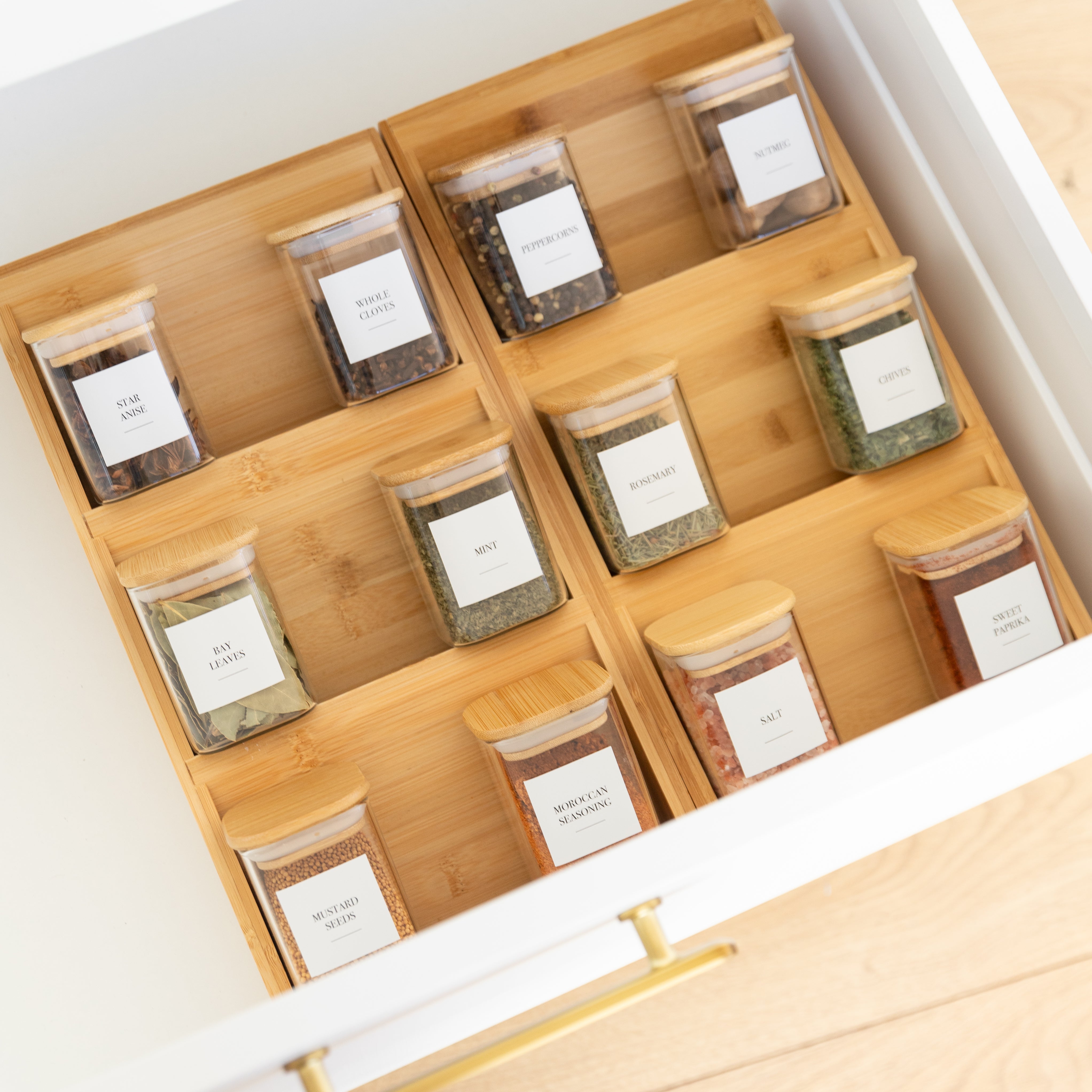 Bamboo Herb & Spice Drawer Organizer - Kitchen Storage Solution for Spices, Seasonings & Small Jars - Perfect for Pantry, Cabinet or Countertop Organization
