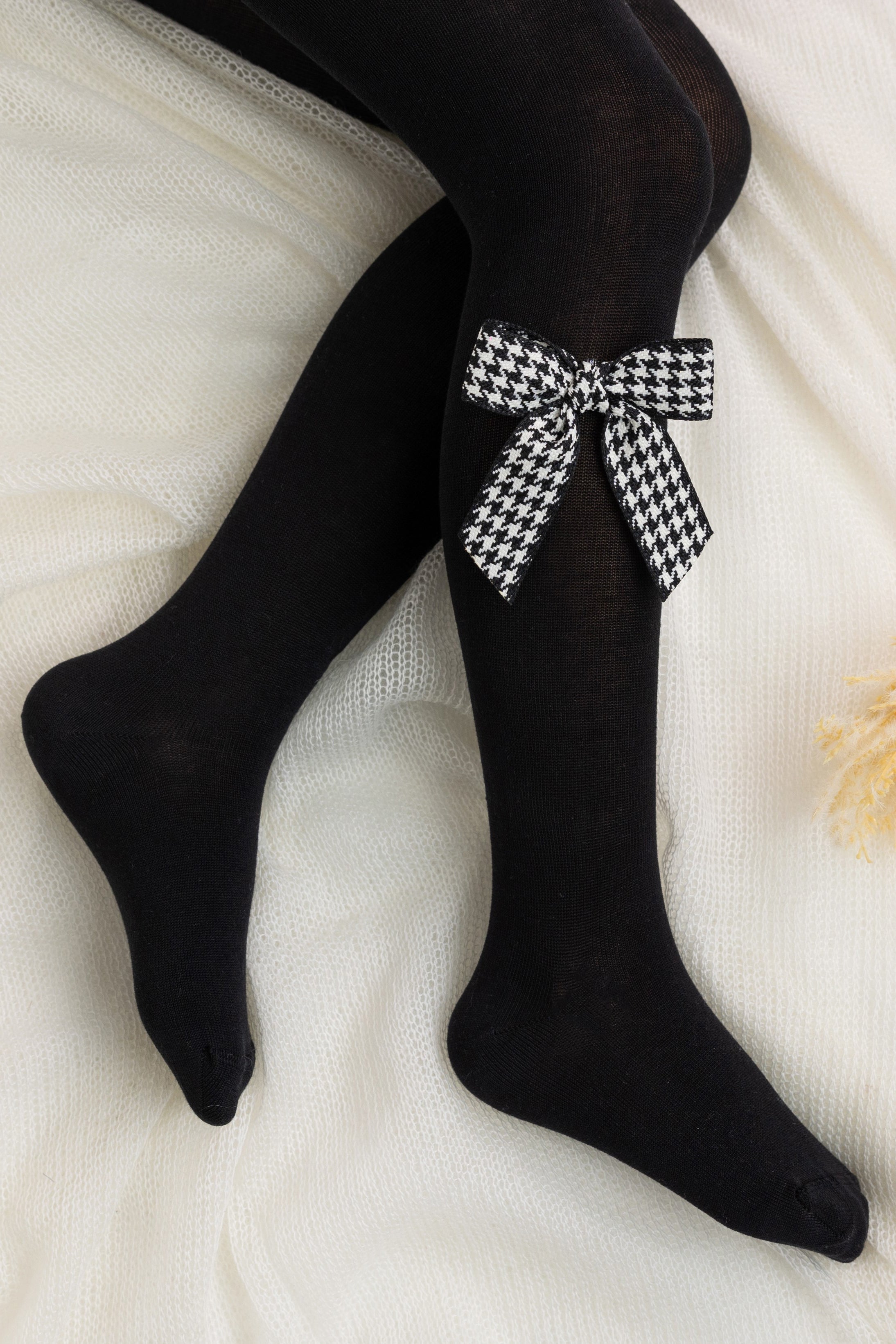 Black Houndstooth Bow Tights for Women - Elegant Patterned Tights with Bow Detail - Perfect for Parties, Weddings & Formal Occasions