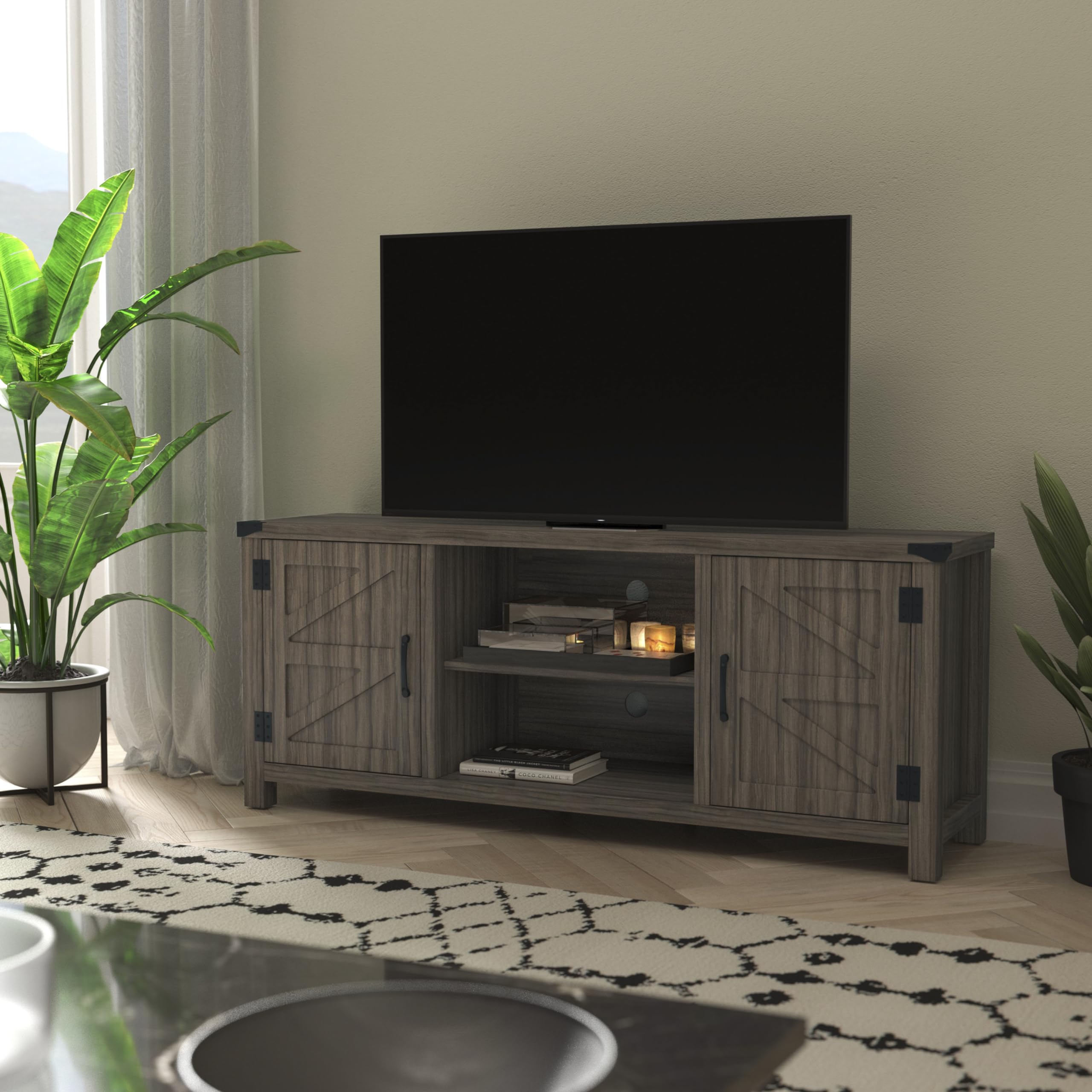 Modern Farmhouse Barn Door TV Stand - 59 Inch Gray Wash Entertainment Center for TVs up to 65 Inches - Adjustable Middle Shelf - Perfect for Living Room, Bedroom & Home Theater Setup