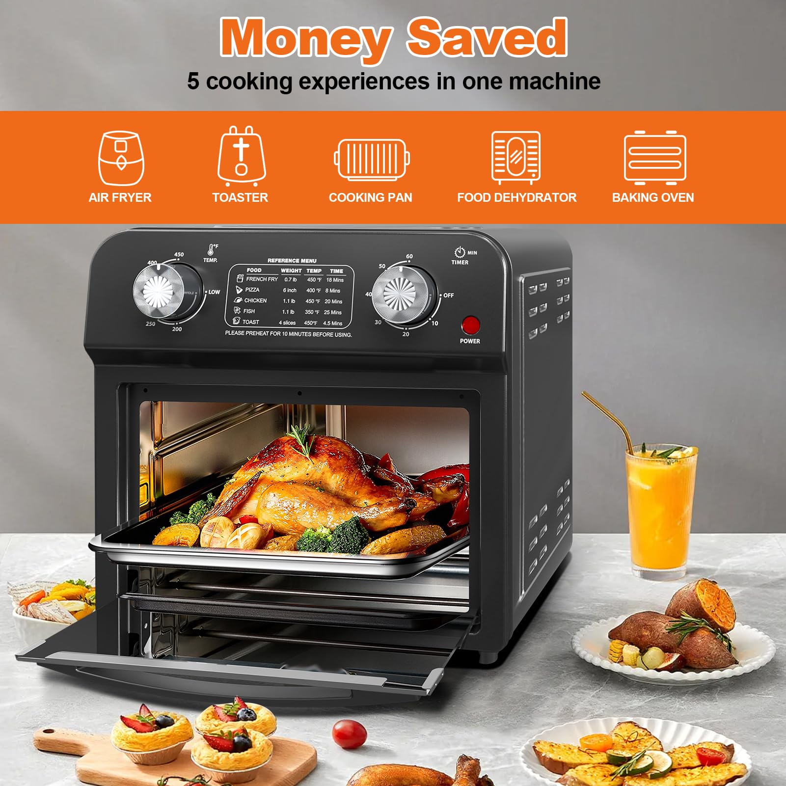 PlumChef 13 Quart 4-Slice Air Fryer Toaster Oven - 1500W 7-in-1 Multifunction Countertop Convection Oven for Roasting, Baking, Grilling, Broiling, Toasting, Dehydrating & Defrosting - Includes Recipe Guide - Perfect for Small Kitchens, Dorms & RV Cooking (Black)