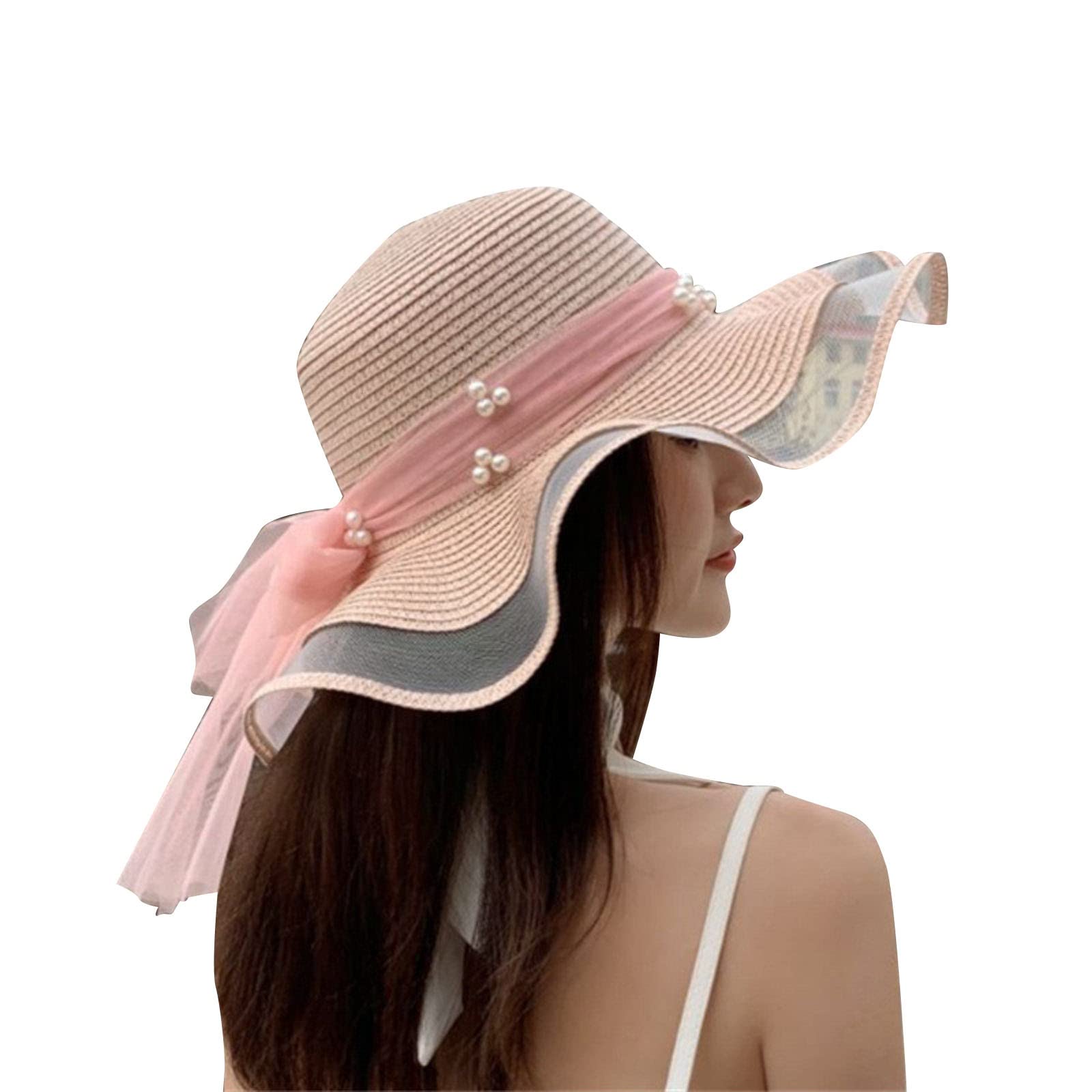 Stylish Summer Hats for Women - Breathable Mesh Wave Pearl Ribbon Sun Hats for Ladies & Girls - Perfect for Beach, Outdoor Activities & Fashion Accessories