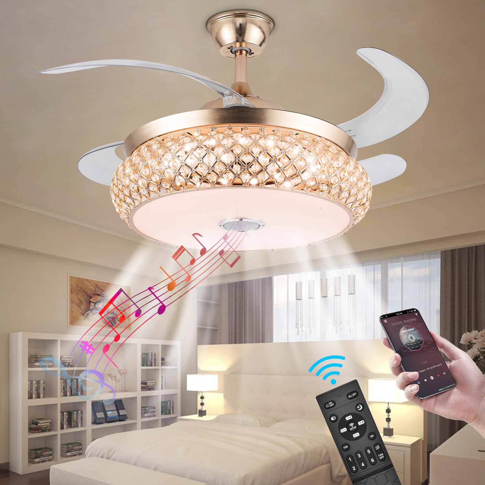 42 Inch Retractable Invisible Ceiling Fan with Light & Bluetooth Speaker - Modern Smart Fan Chandelier with Remote Control, 3 Color Changing 36W LED - Perfect for Bedroom, Living Room & Outdoor Patio