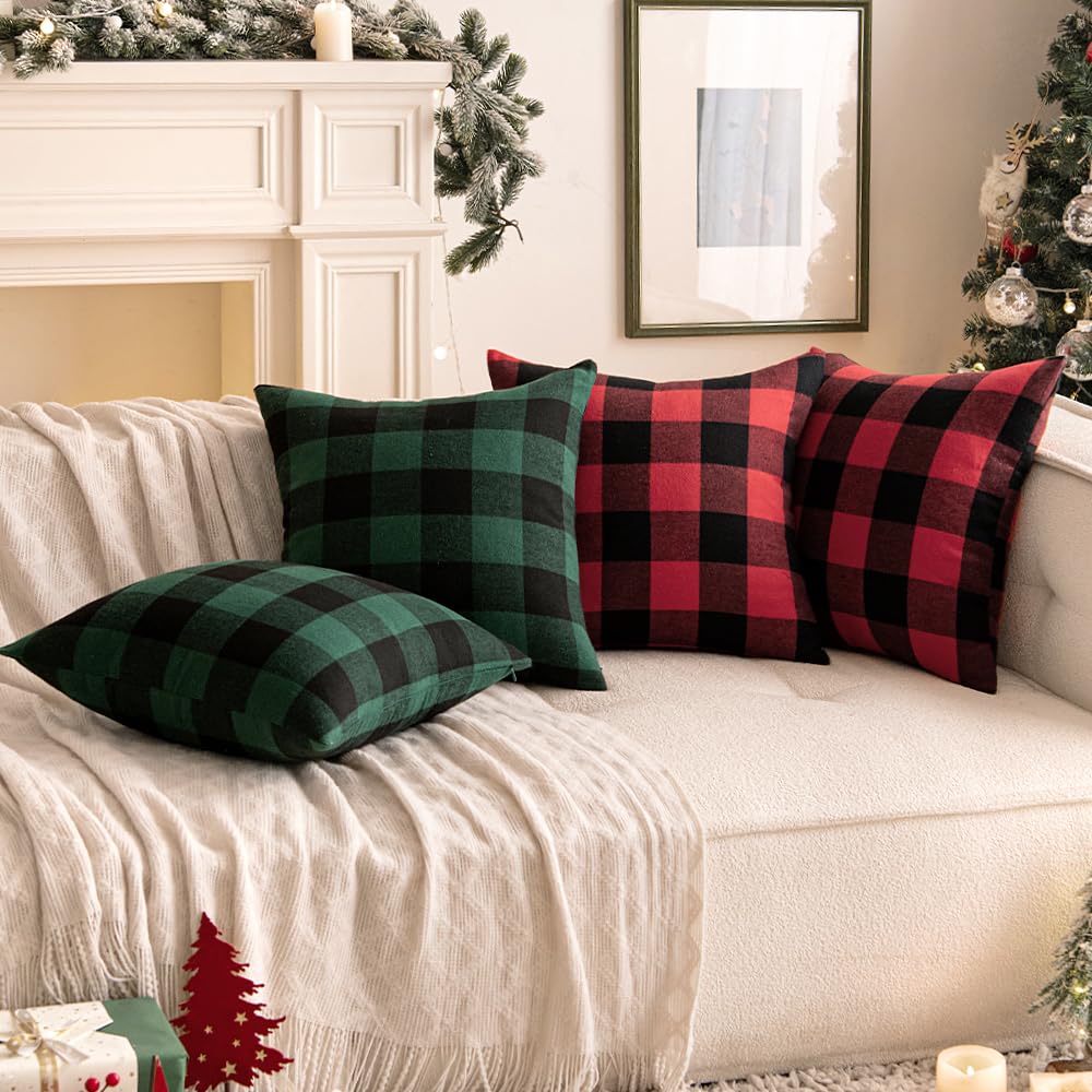 Woaboy 2-Pack Christmas Buffalo Check Throw Pillow Covers - 18x18 Inch Plaid Farmhouse Decorative Pillow Covers, Soft Linen Couch & Sofa Cushion Covers for Living Room, Bedroom - Green and Black - Perfect for Holiday Decor & Cozy Home Styling