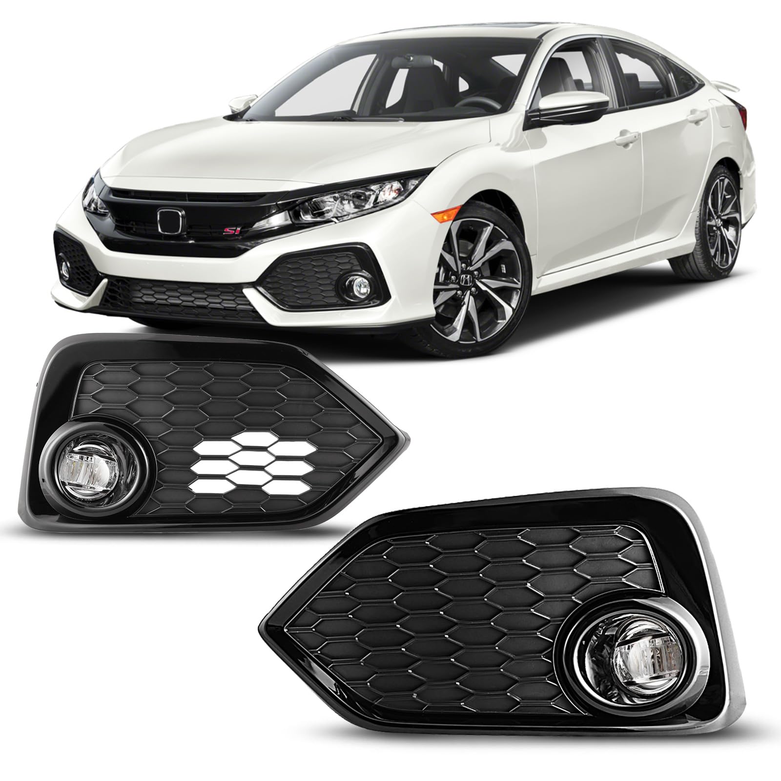 2017-2019 Honda Civic Hatchback/Si LED Fog Lights Kit - Clear Lens Fog Lamps with Wiring Harness & Switch (1 Pair) - Perfect for Night Driving and Bad Weather Conditions