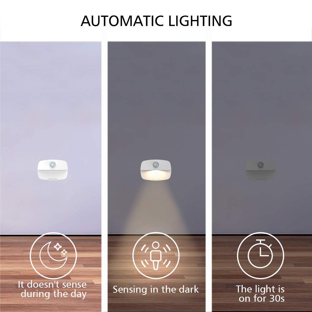 VESKYAO 3 Pack Motion Activated Night Lights - Battery Powered LED Stair Lights with Adhesive Pads, Warm White Sensor Light for Closet, Cabinet, Hallway, Bathroom & Bedroom - Perfect for Nighttime Safety & Convenience