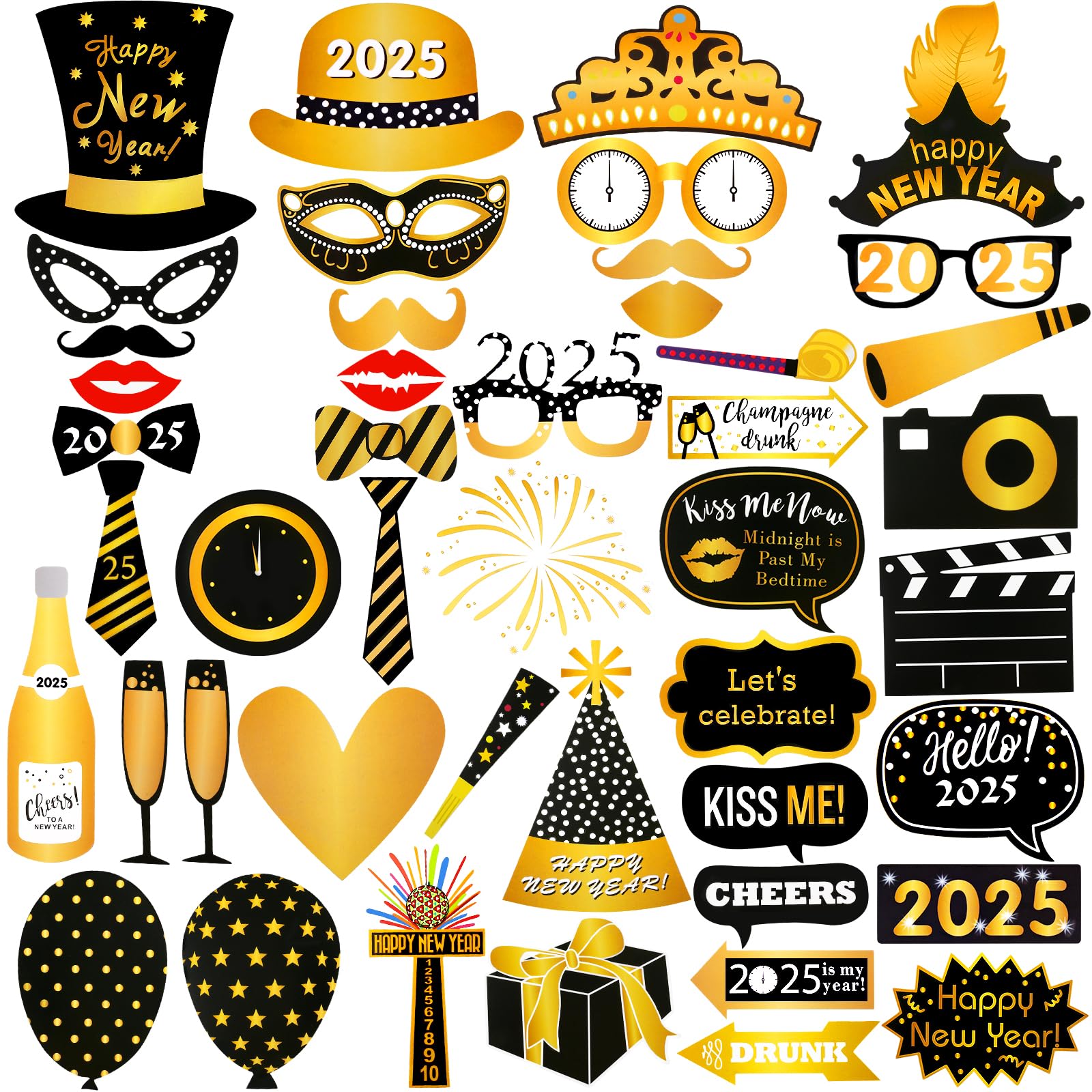 47Pcs New Year's Eve Photo Booth Props 2025 - NYE Party Decorations, Happy New Year Photo Booth Accessories for 2025 Celebrations - Perfect for New Year's Eve Parties, Countdown Events & Social Media Photos