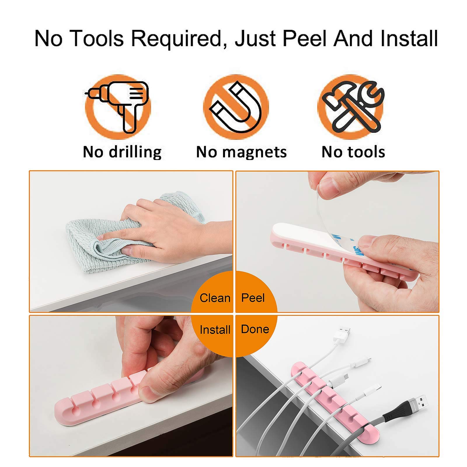 Pink Desk Cable Organizer Set - 5 Pack (7-5-3-1-1 Slots) Cord Holder for Wires Management | Keep Home, Office & Car Neat | Cute Desk Accessories for Computer, Phone & TV Cables