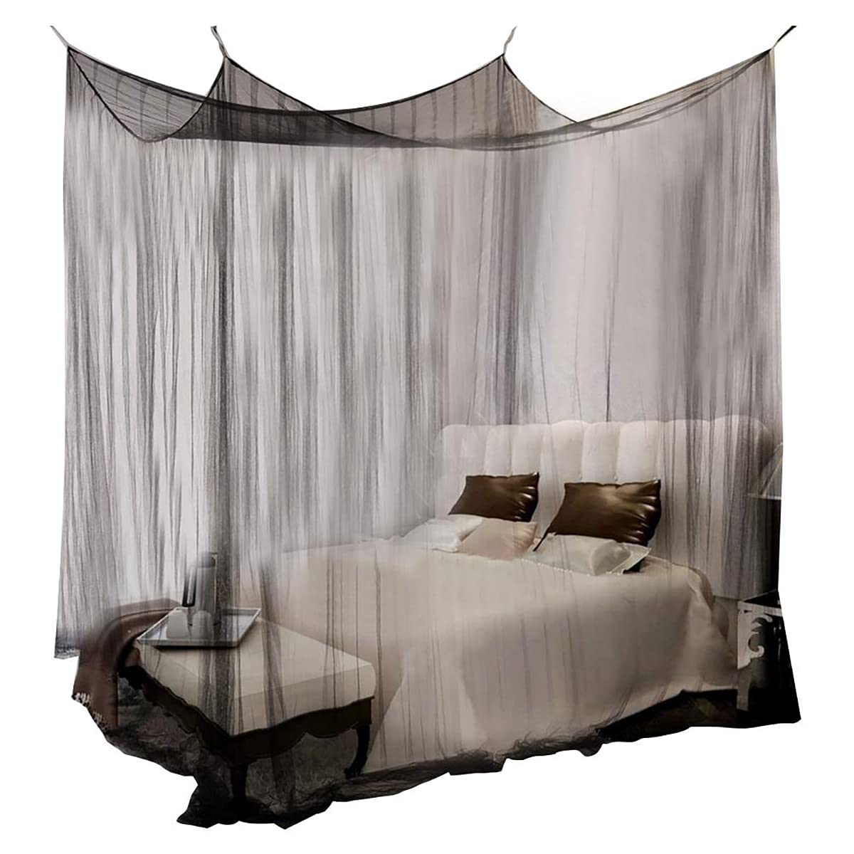 Homeemoh Mosquito Net - 4 Corner Post Bed Canopy & Curtain Drapes for Full/Queen/King Size Beds (Black) - Perfect for Bedroom, Outdoor Camping & Summer Protection