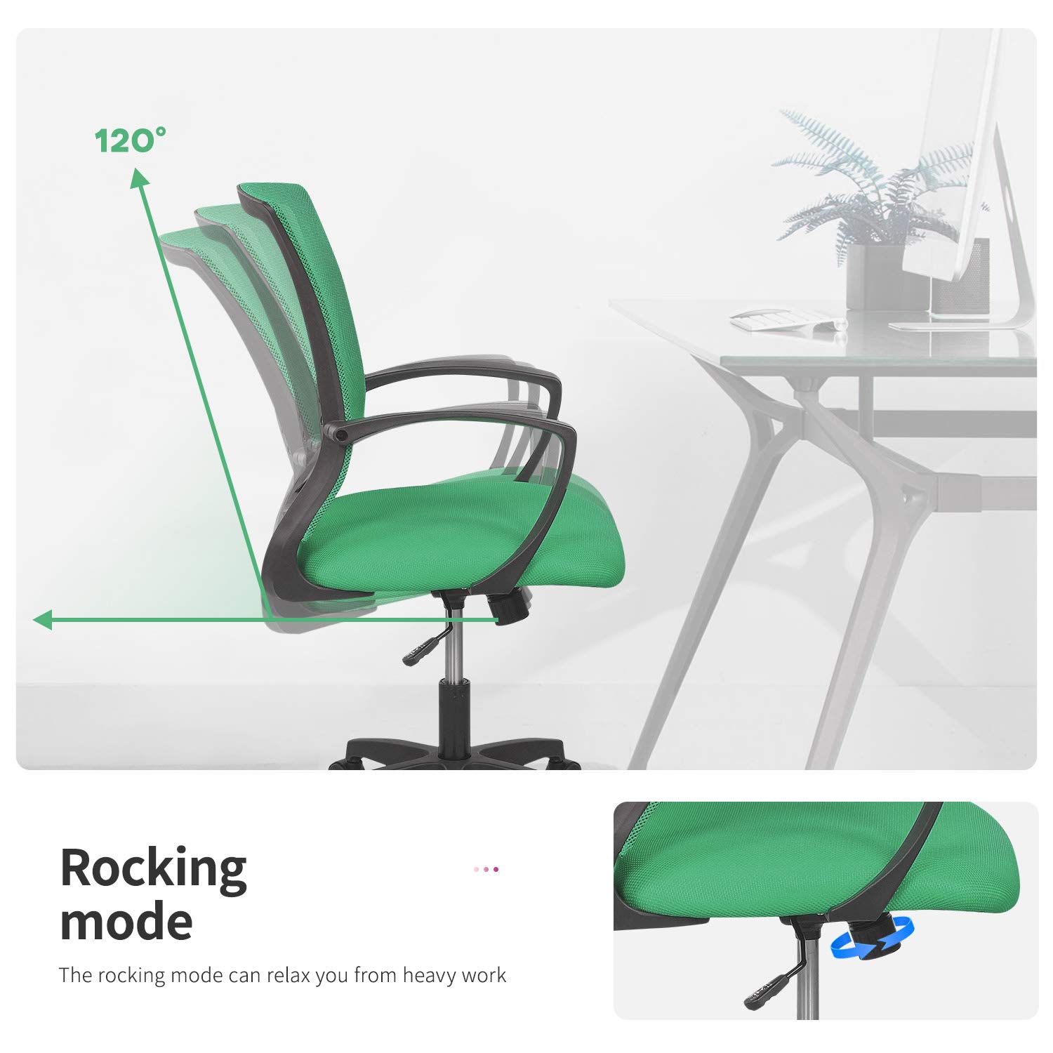 Ergonomic Mesh Office Chair with Adjustable Height & Armrests - Breathable Computer Desk Chair for Home & Work, 360° Swivel & Quiet Rolling Wheels, Comfortable Seat & Back Support - Perfect for Long Hours Sitting in Office, Study or Gaming (Green)