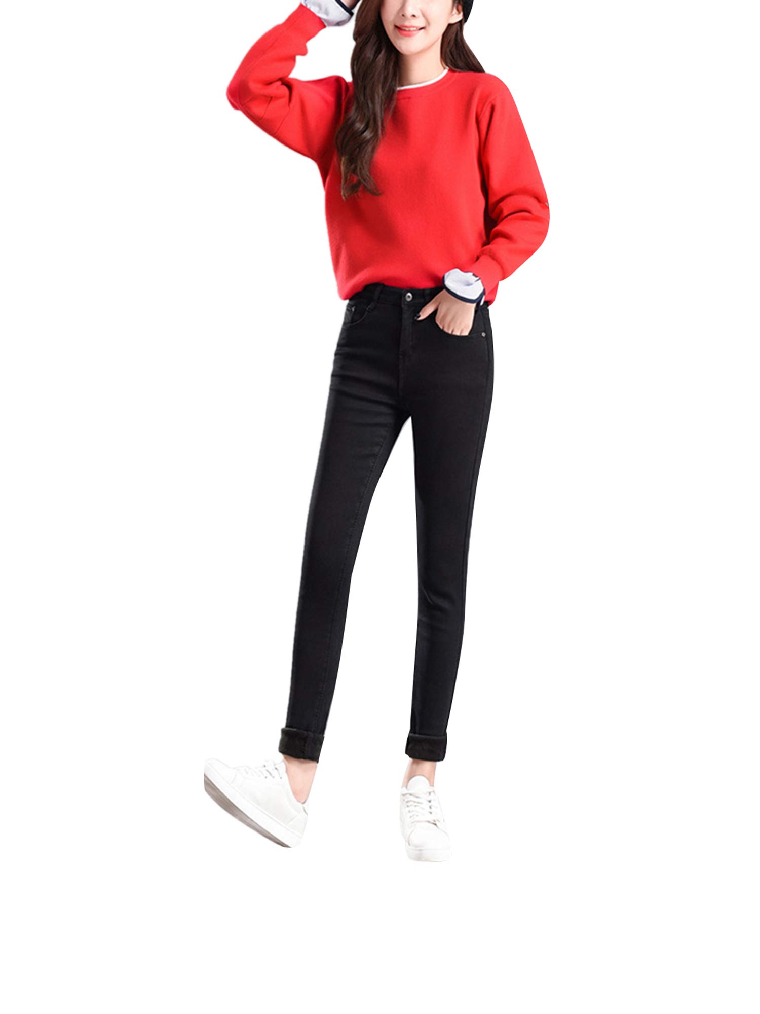 HEZIOWYUN Women's Fleece Lined Skinny Jeans - Stretchy Winter Jeggings with Pockets, Slim Fit Warm Denim Pants for Cold Weather & Outdoor Activities