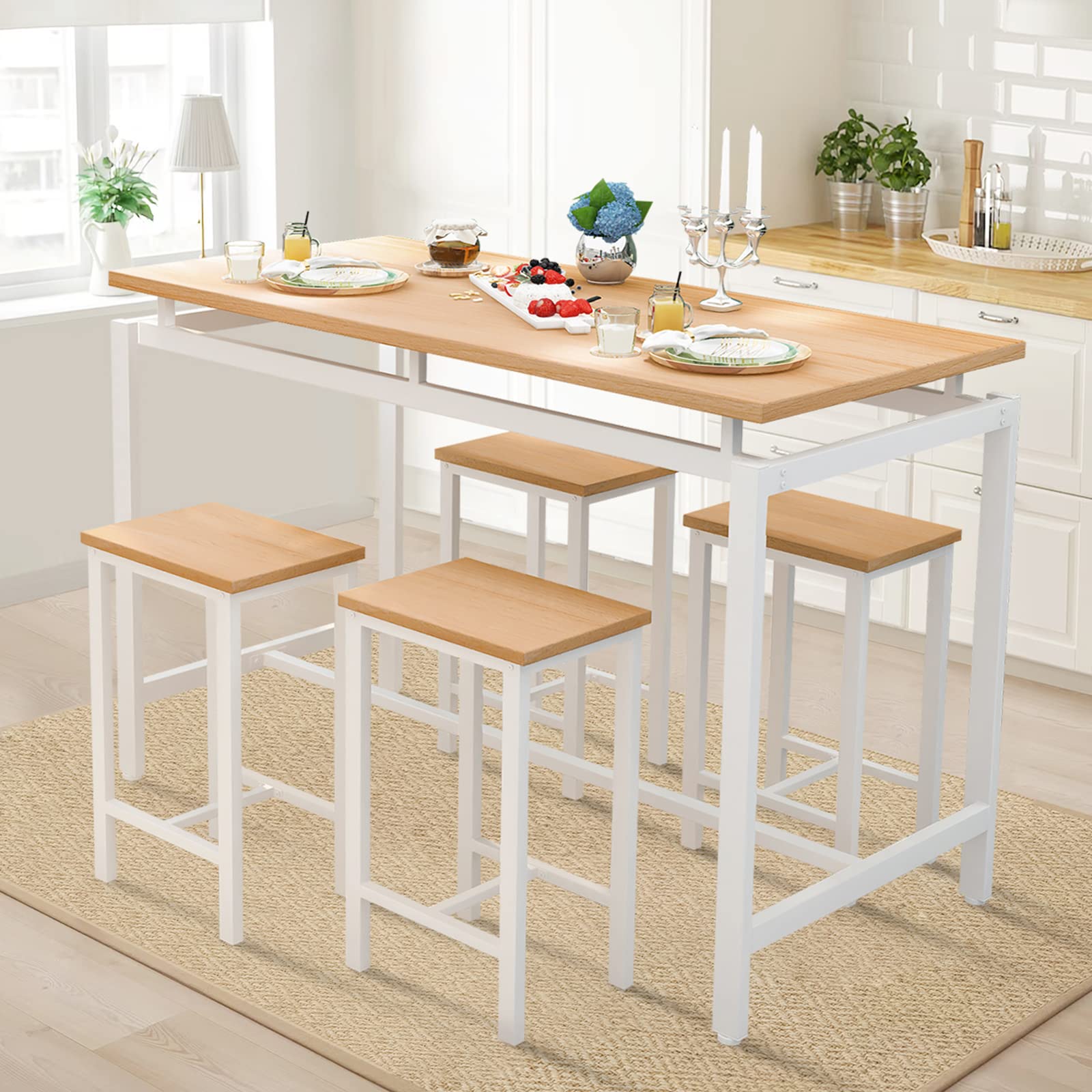 DKLGG 5-Piece Wooden Dining Table Set for 4 - Small Kitchen Table with 4 Stools, Space-Saving Bar Height Kitchen Table and Chairs Set - Perfect for Breakfast Nooks, Small Apartments & Cozy Dining Areas