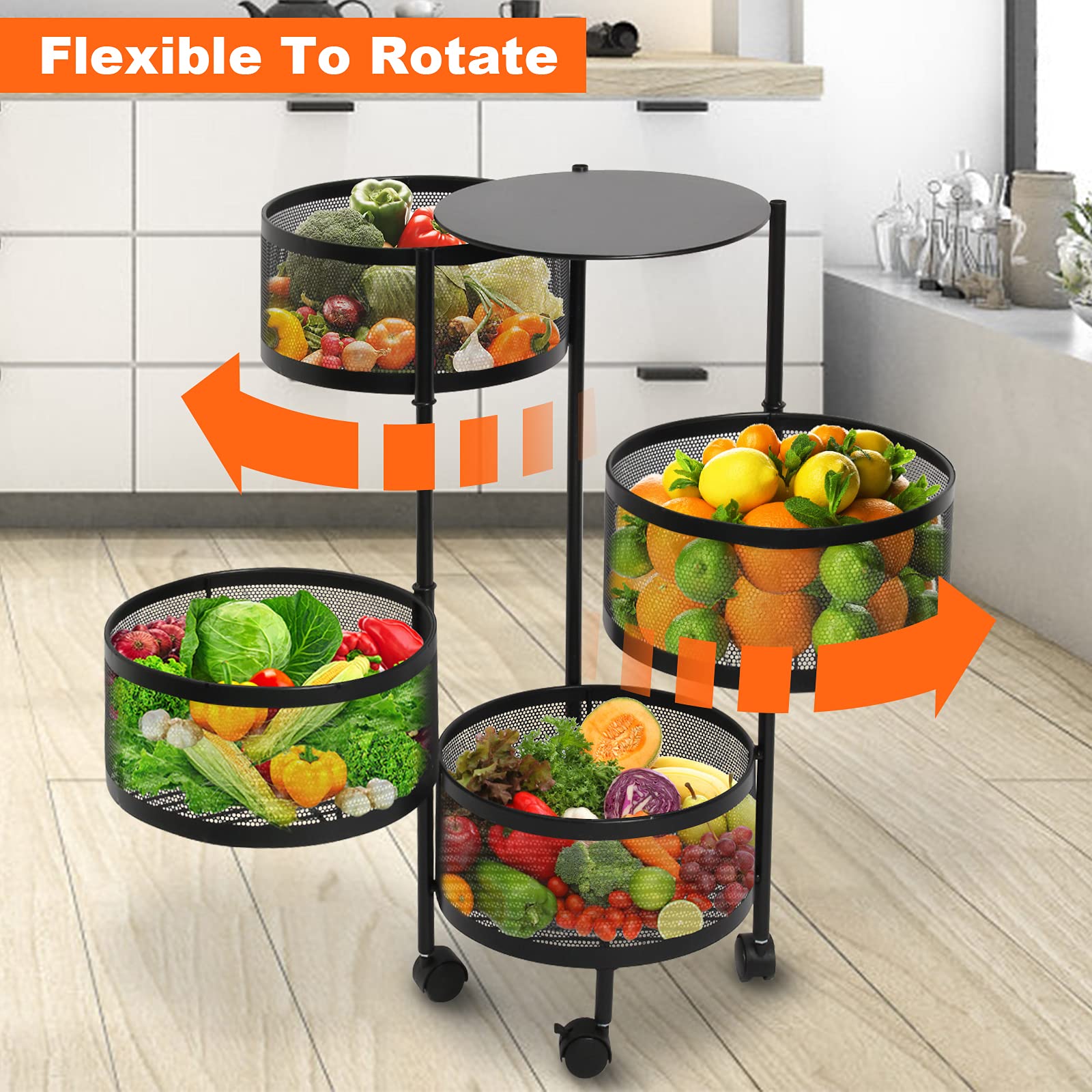 Todeco 360° Rotating Storage Rack - 5-Tier Multi-Purpose Organizer Shelf for Kitchen, Living Room | Space-Saving Floor Standing Fruit Vegetable Basket | Durable Black Home Storage Solution (Perfect for Small Spaces & Clutter-Free Organization)