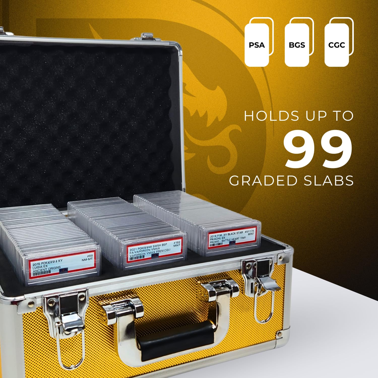 DRAGONSCALE XL-99 Compact Metal Slab Case for PSA BGS CGC Graded Cards | Durable Aluminum Storage Case for Sports & Trading Card Collectors | Protective Display Box for Card Grading Slabs (Gold) - Perfect for Home Display, Card Shows & Secure Storage